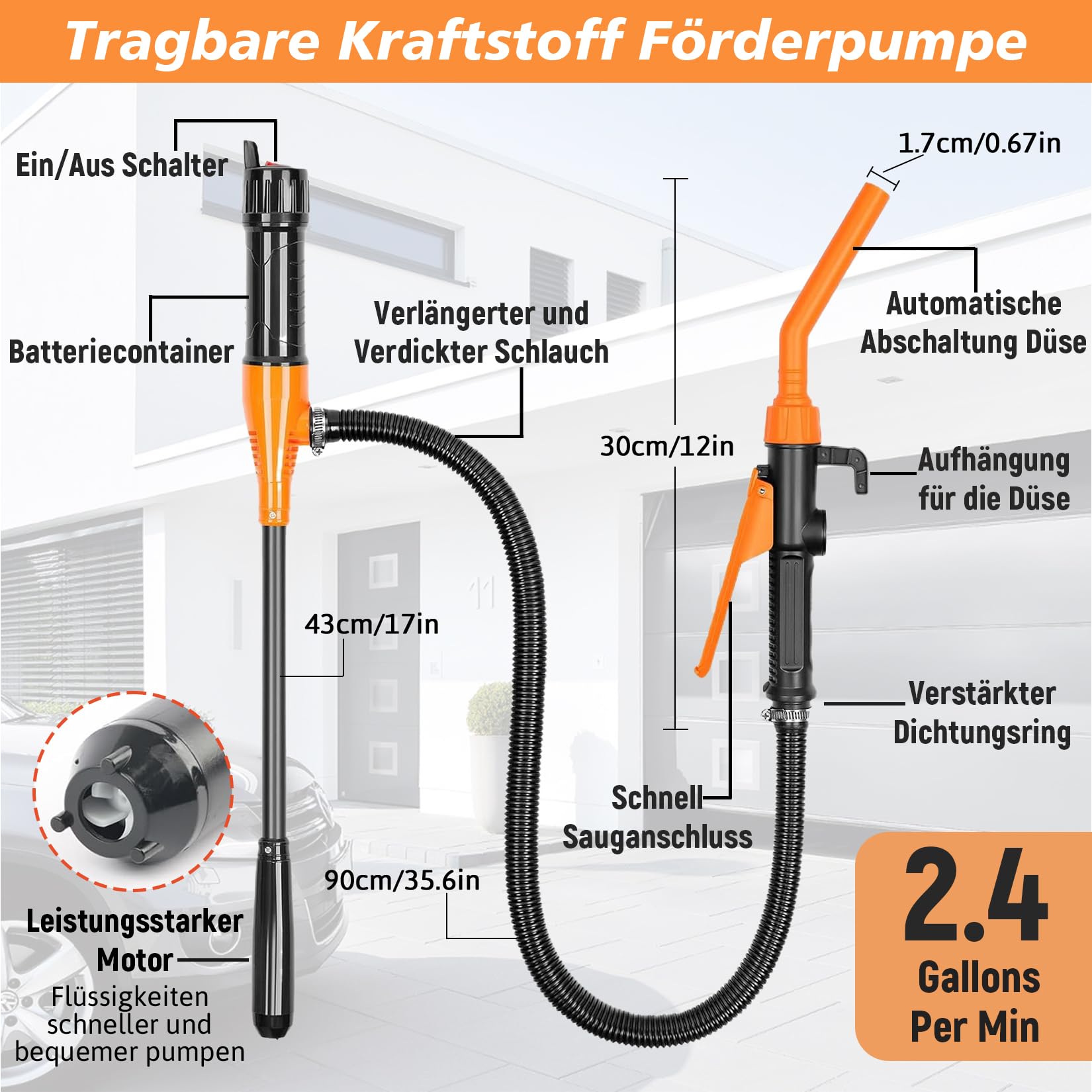 Pompe de transfert électrique avec gants, pompe à carburant pour bidons, pompe de transfert électrique, alimentée par batterie, 9 L/min (2,4 GPM) pour voitures et motos | Pompe de transfert électrique avec batterie - Pompe à huile portable 2,4 GPM (9 l/mi