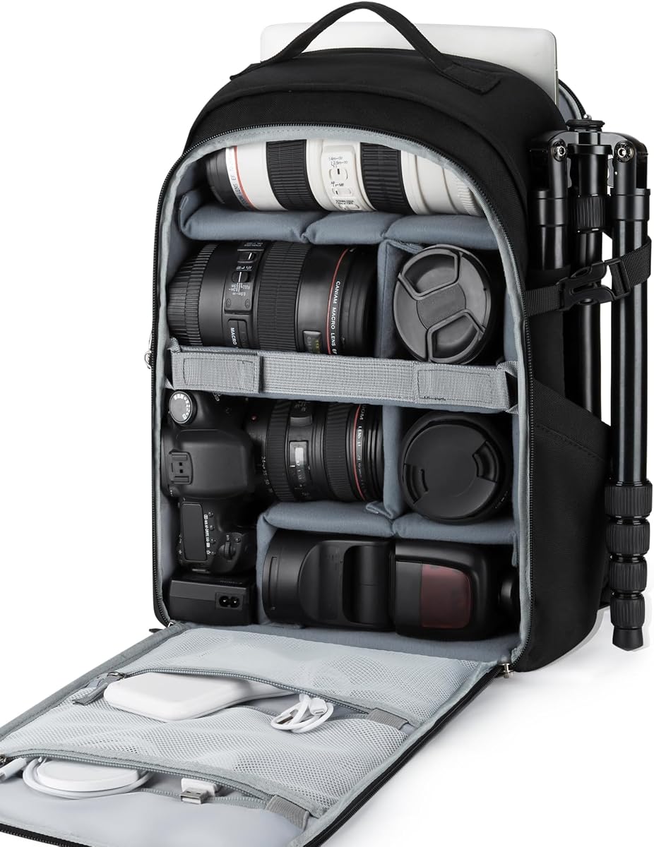 Mochila para cámara, Mochila para cámara DSLR SLR para computadora portátil de 15,6 Pulgadas, Estuche para cámara Impermeable antirrobo para fotógrafos, Hombres y Mujeres, con Cubierta para Lluvia, Soporte para trípode,Negro