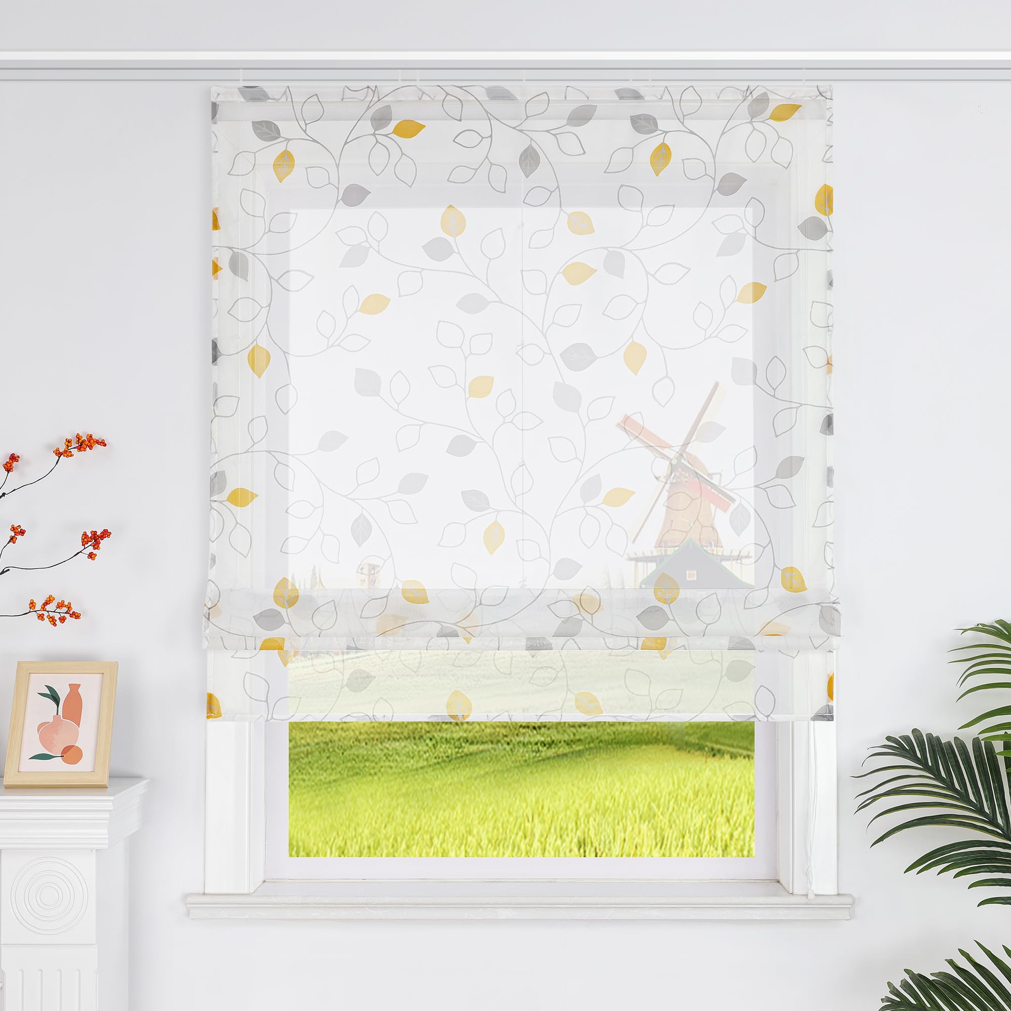Transparente Landhaus Raffrollo mit Blattmuster Voile Küchengardinen mit Klettband Raffgardine mit Klettschiene Orange,BxH 120x140cm