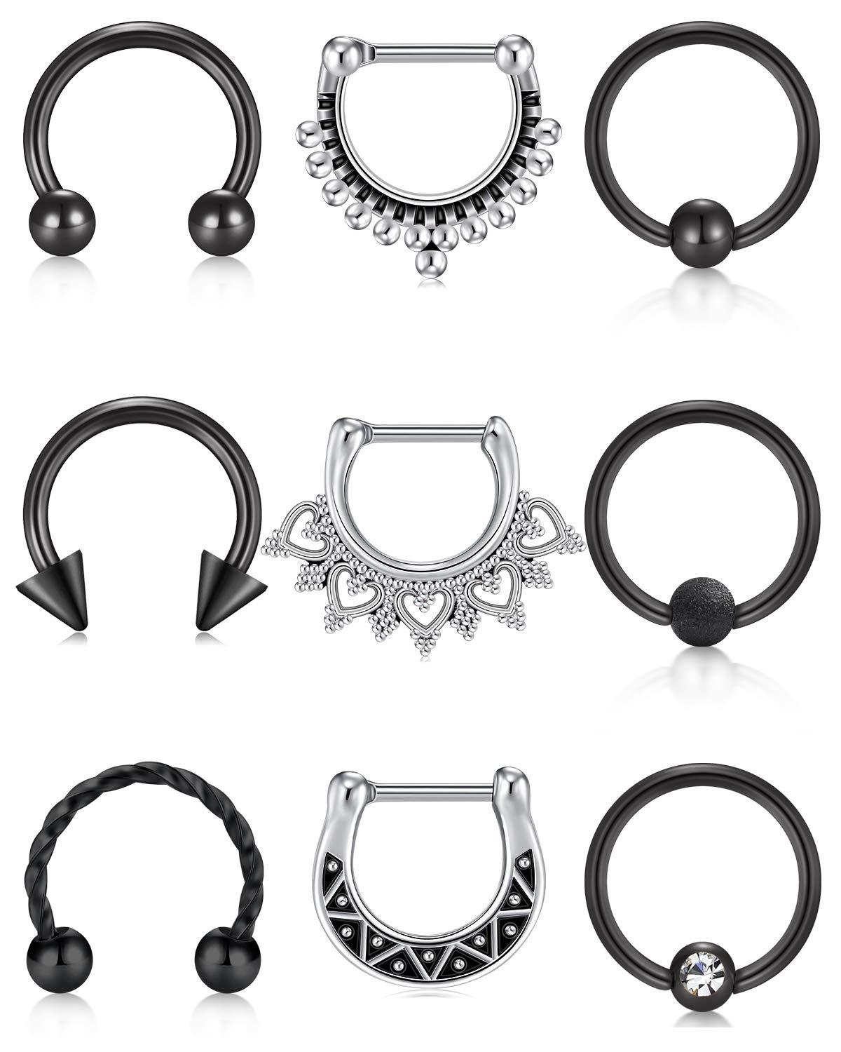 Funseedrr9pcs Acero Quirúrgico Piercing Nariz Anillos Aro 16G 8 mm Nasal Septum Clicker Herradura BCR Tragus Helix Daith Conch Rook Piercing Joyas Colorido Plata Negro
