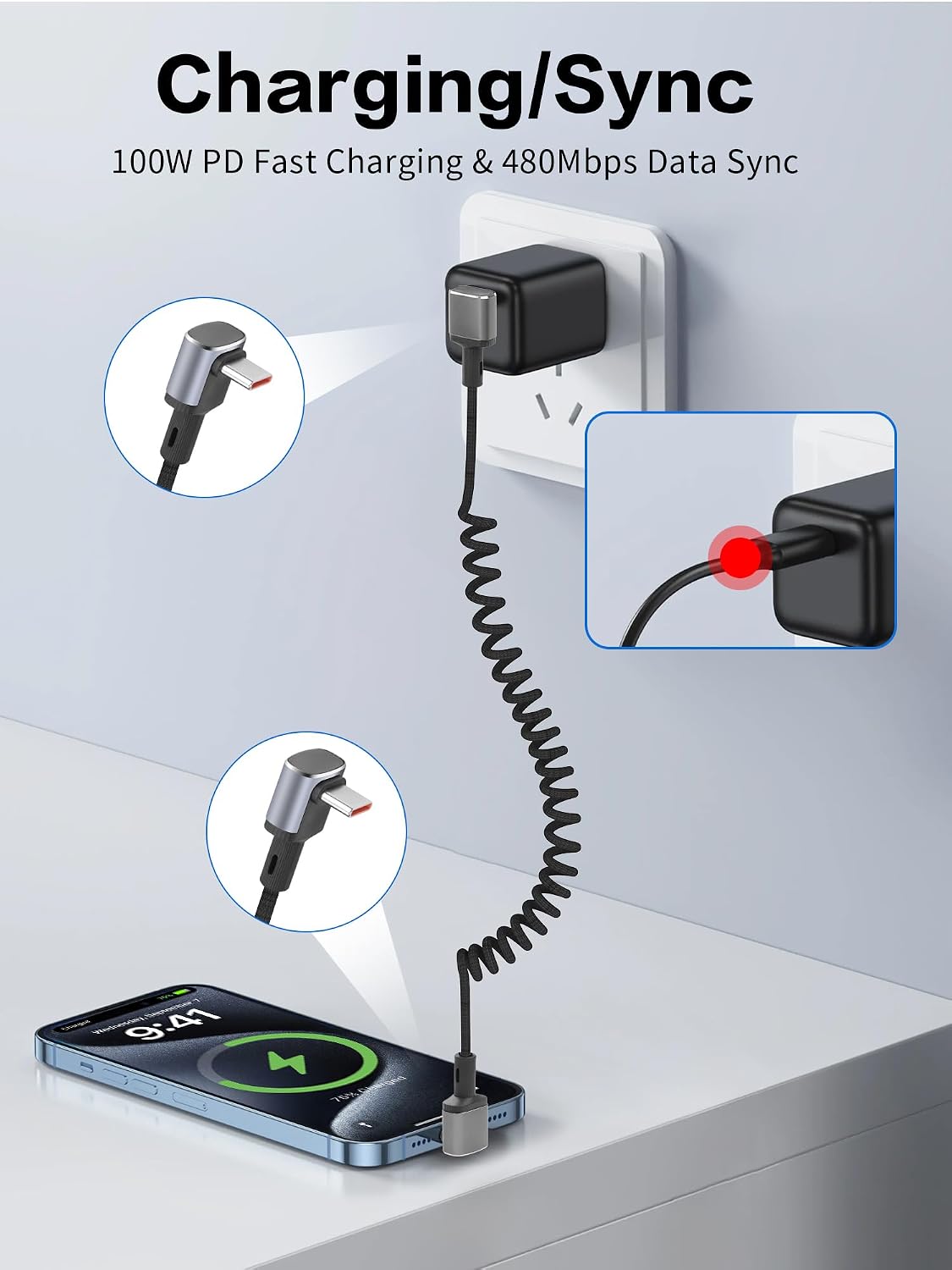 YACSEJAO 90 Degree Spring Coiled USB C to USB C Cable(Right to Right Angle) image 3