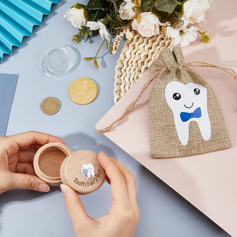 SUPERFINDINGS 1 Set Wood Tooth Fairy Box with Fairy Reward Coin and Linen Pouches Blue Dropped Tooth Keepsake Collection Storage Box for First Lost Teeth Fairy Gifts - Image 3