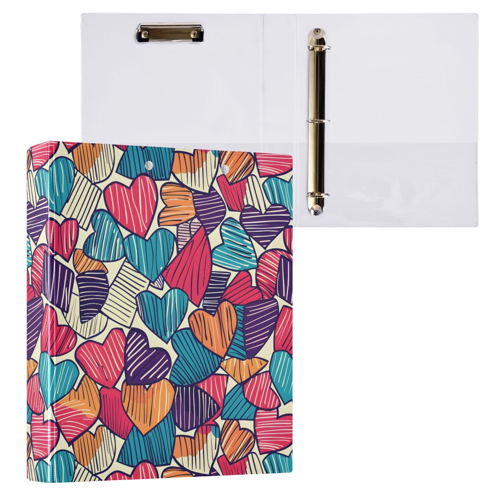 Raccoglitore a 3 anelli disegnato a mano, con cuore rotondo da 3,8 cm, contiene 200 fogli con 3 tasche interne trasparenti in PVC, per scuola e ufficio