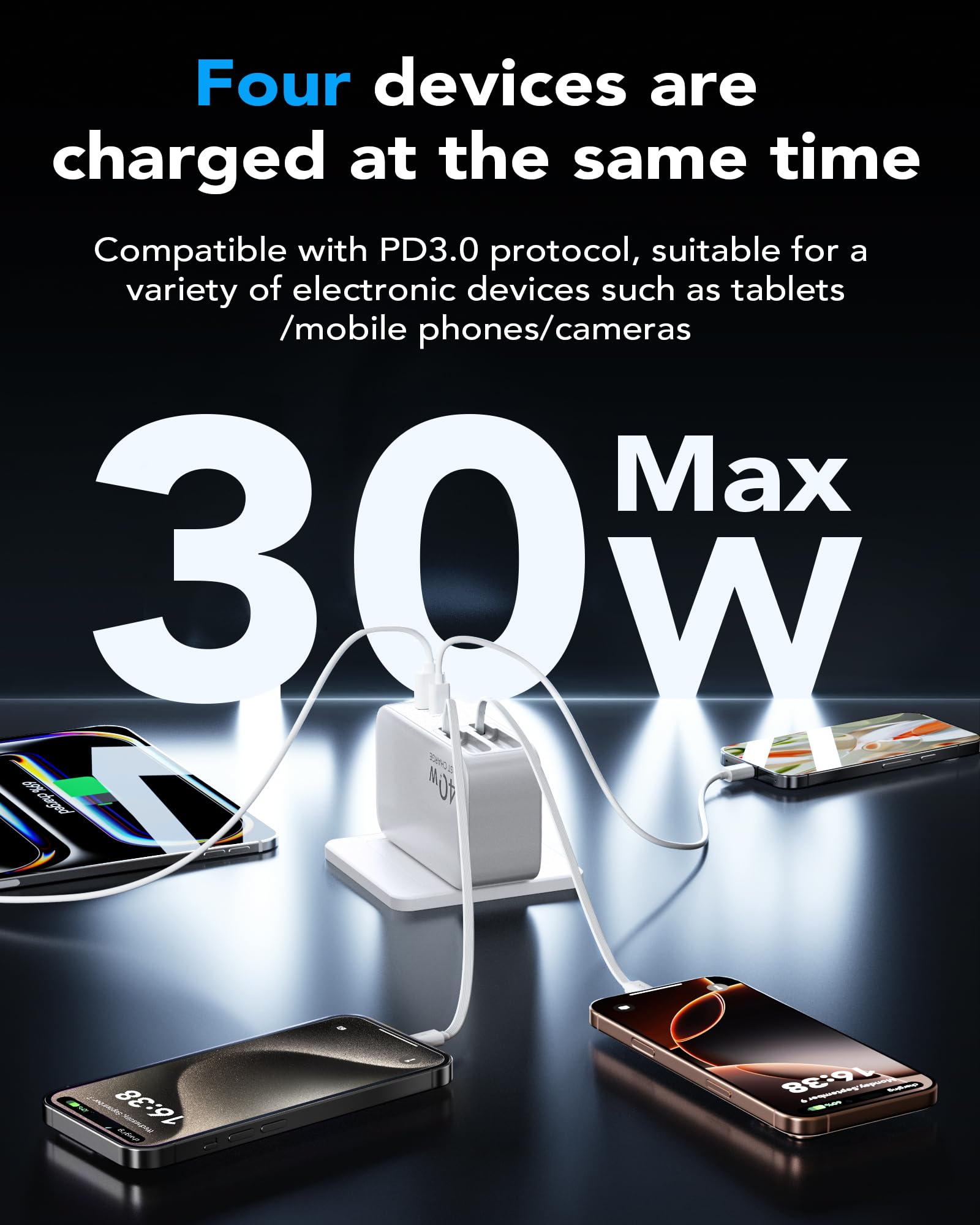 Bloc de charge GaN 4 en 1 pour iPhone 17, Travel Essentials Bloc de charge rapide 40 W Max Câble rétractable pour 2 types C, prise de chargeur de téléphone rétractable pour iPhone 17 Pro Max/16/15