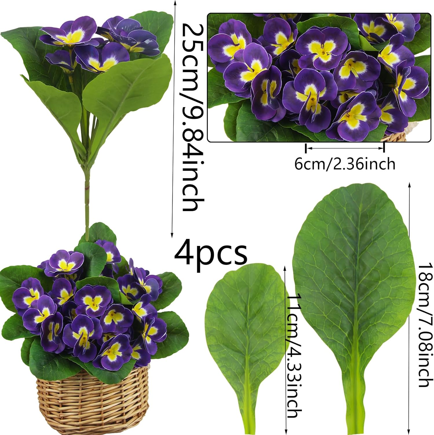 4 Pcs Artificial Pansy Flowers Outdoor Silk Flowers Spring Flowers Pansies Artificial Wildflowers Purple UV Resistant Plants Faux Flowers for Planters Indoor Outside Garden Porch Window Decor - Image 2