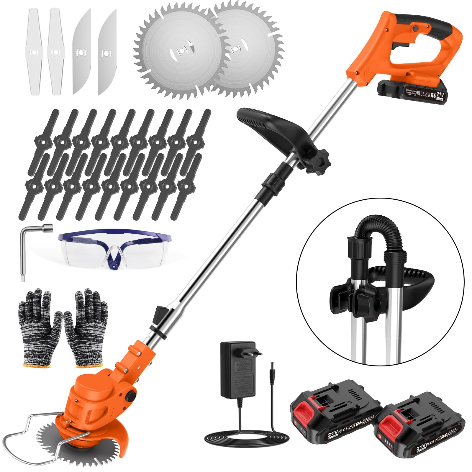 Coupe Bordure sans Fil avec Batterie Pliable 60cm, Debroussailleuse Electrique 2 Batterie 21V, Manche Télescopique 105-130cm et 26 Lames pour Entretien de Pelouse et Finitions de Jardin (Orange Foncé)