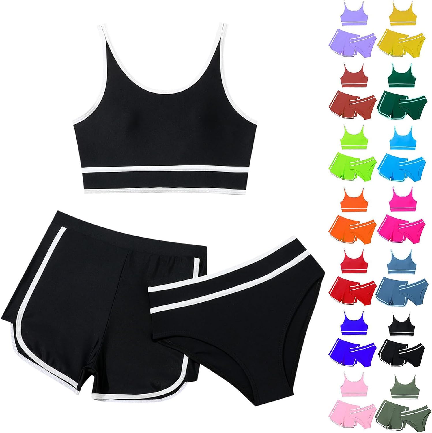 Girls Tankini Swimsuit 3 Piece Color Block Tank Top Swim Bottoms and High Waist Shorts Bathing Suit Swimwear for Teen