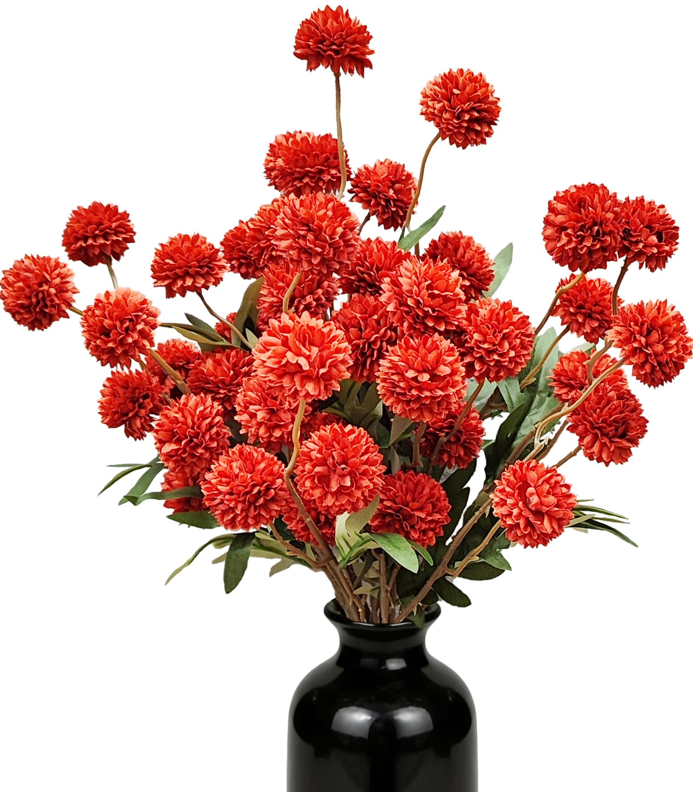 Kinisty 8 Stems Artificial Flowers Chrysanthemum Silk Faux Pompon Mums Bouquet with 52cm Long Stem, Red Fake Flowers for Home Decor Wedding Table Centerpiece Vase Fillers