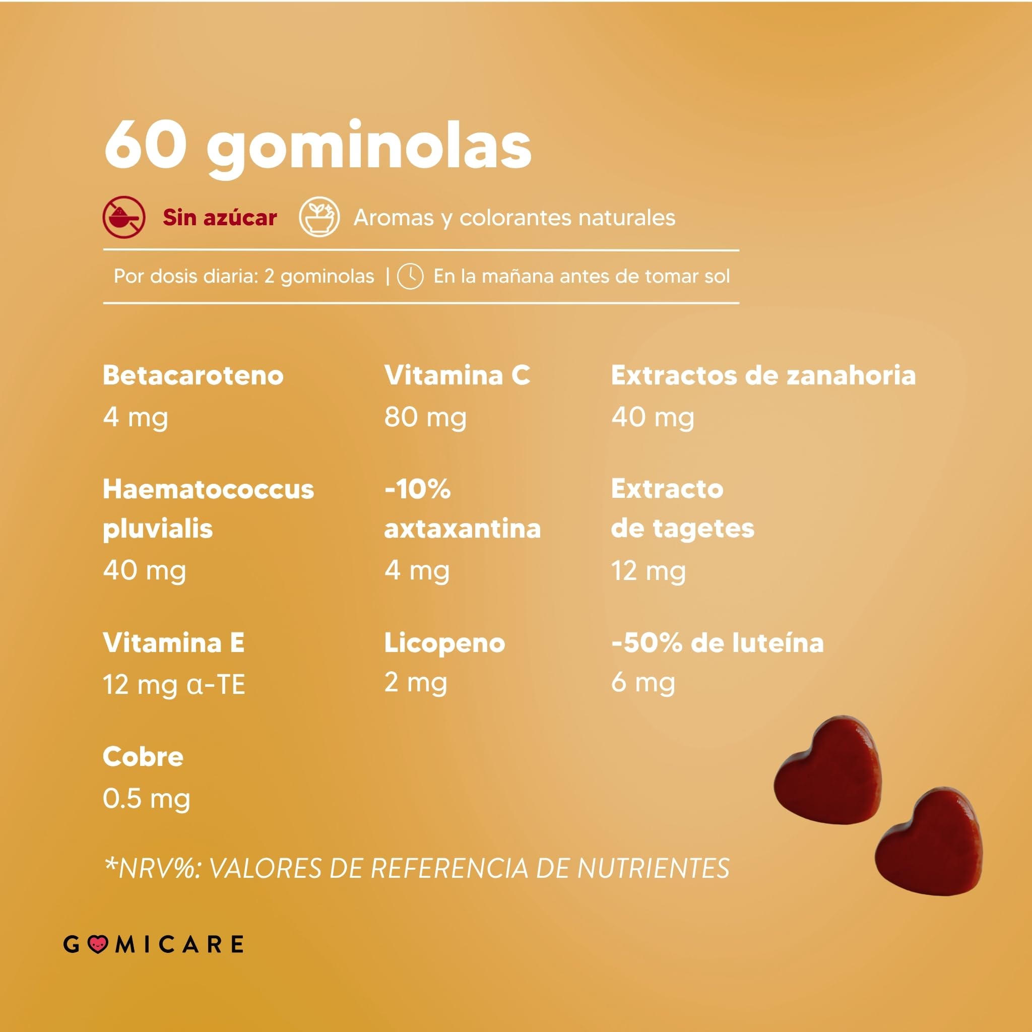 Gominolas bronceadores - Betacaroteno + Astaxantina + Luteina + Licopeno + Cobre - Protege la Piel y Acelera el Bronceado - 60 gominolas - Sin Azúcar - Sin Gluten