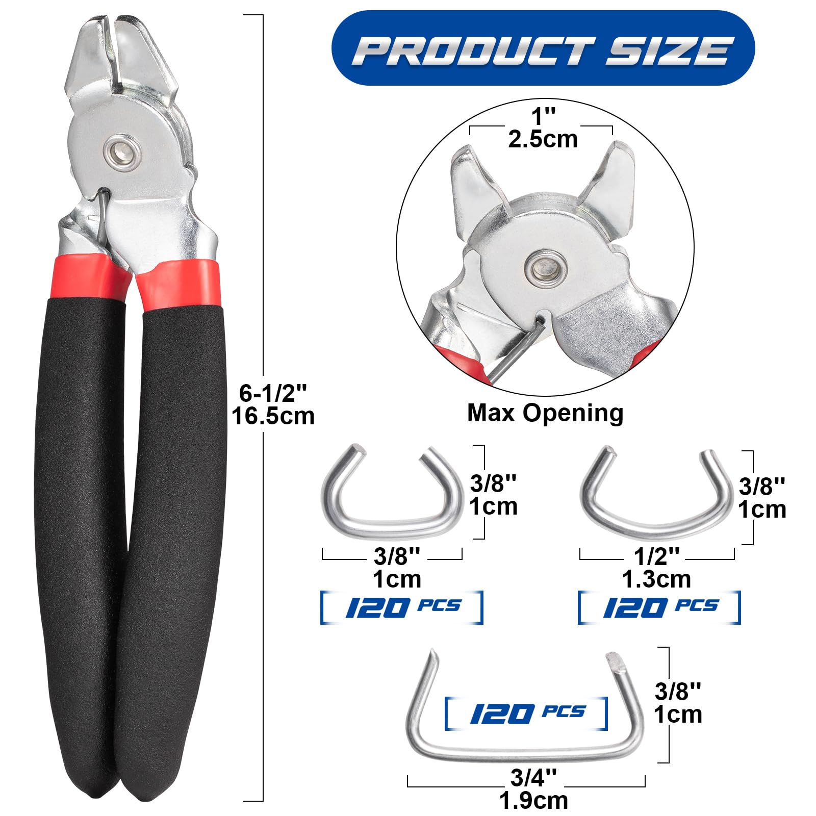 Spurtar Angled Hog Ring Pliers Kit With 360 Rings (3/4", 1/2", 3/8") - Spring Loaded Tool For Upholstery, Fencing, Cages