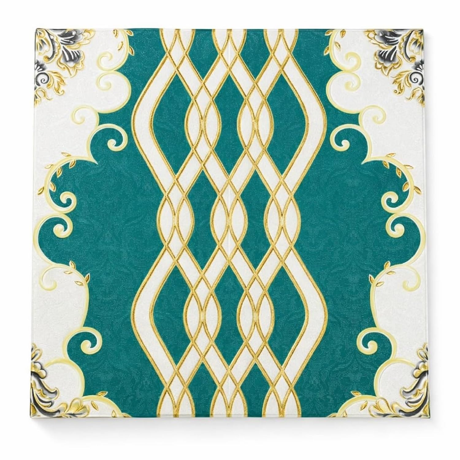 STL Elegant Teal and White Decorative Wall Tile Design with Intricate Gold Geometric Scroll Pattern and Ornamental Corner Detailing for Interior Wall Décor (Pack of 10)-image-0