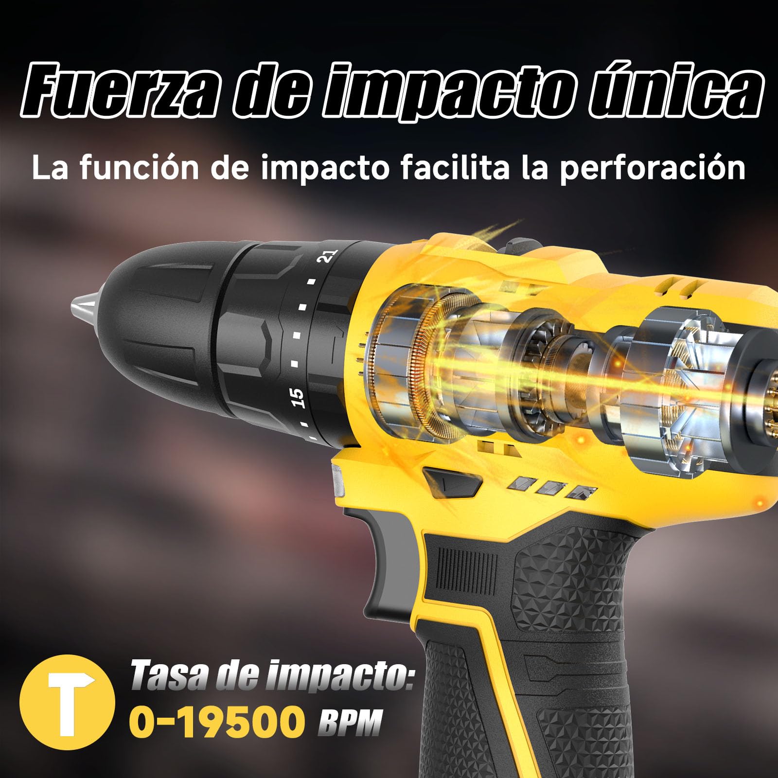 PULITUO Taladro Atornillador Batería 12V, Destornillador Eléctrico 35 N·m, 21+1+1 Niveles De Par, Batería De 1300 mAh, LED, Regulación De 2 Velocidades, Para Bricolaje Y Proyectos DIY (Amarillo)