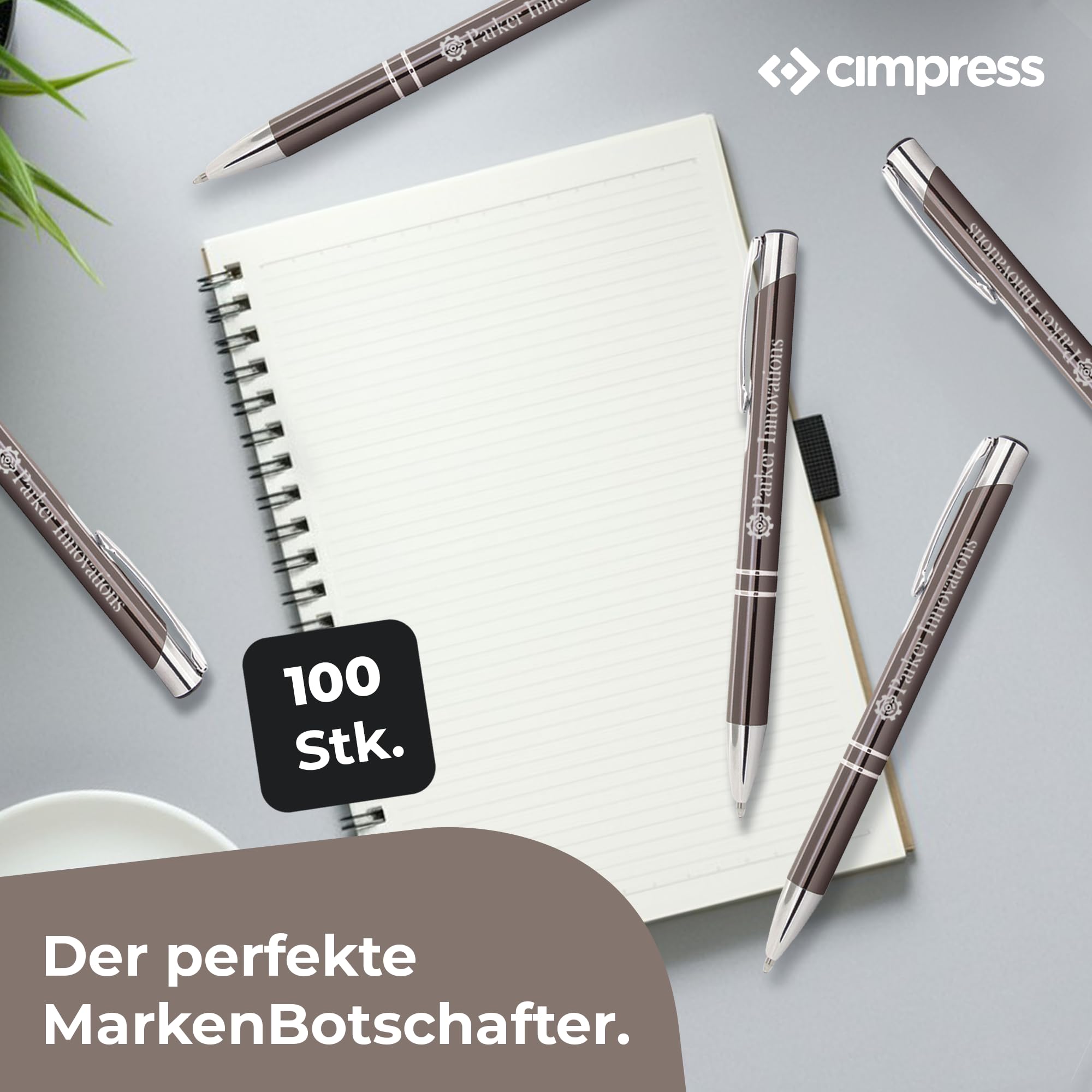 Cimpress Kugelschreiber mit Gravur, Aluminiumgehäuse, blaue Tinte, Personalisierter Stift mit Textgravur, ideal als Werbeartikel oder Firmengeschenk, 100 Stück, Dunkelgrau