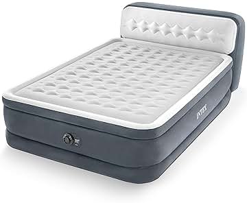 Intex 64447ED Dura-Beam Deluxe Ultra Plush Air Mattress with Headboard: Fiber-Tech – Queen Size – Built-in Electric Pump – 18in Bed Height – 600lb Weight Capacity