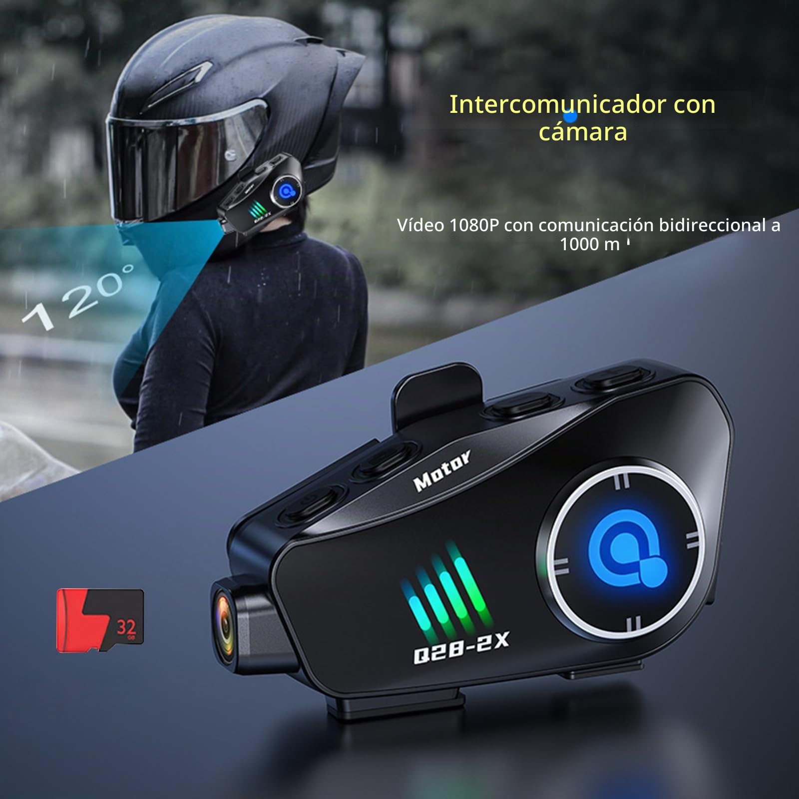 Helmets - Intercomunicador compatible con Bluetooth con grabadora de conducción 1080P 120°, auriculares de 360 grados, cámara