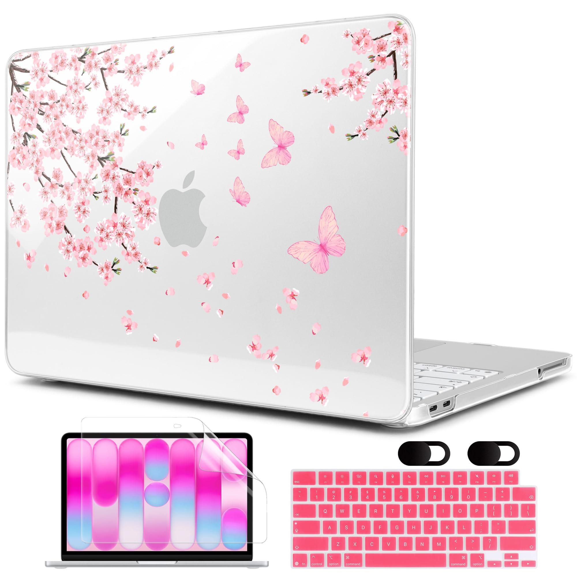MEEgoodo Custodia stampata per MacBook Neo 13" versione 2026 (adatta al modello A3404), custodie rigide per laptop con skin per tastiera, protezione schermo e cover per webcam, fiori di ciliegio