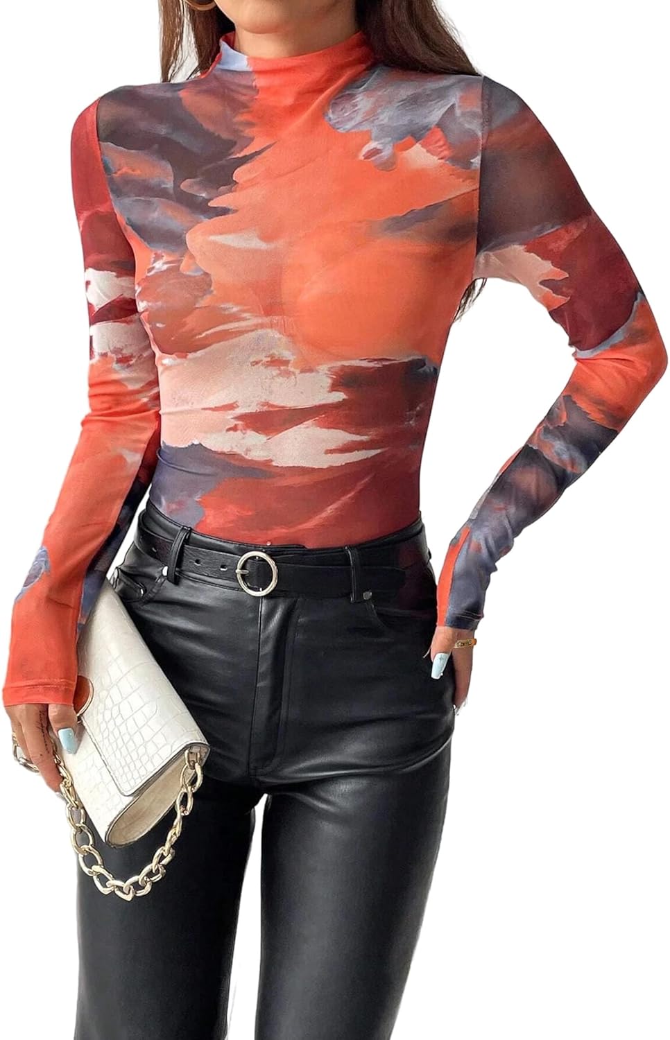 Remidoo Womens Sexy Sheer Mesh Long Sleeve Tops Round Neck Fitted T Shirt - Image 3