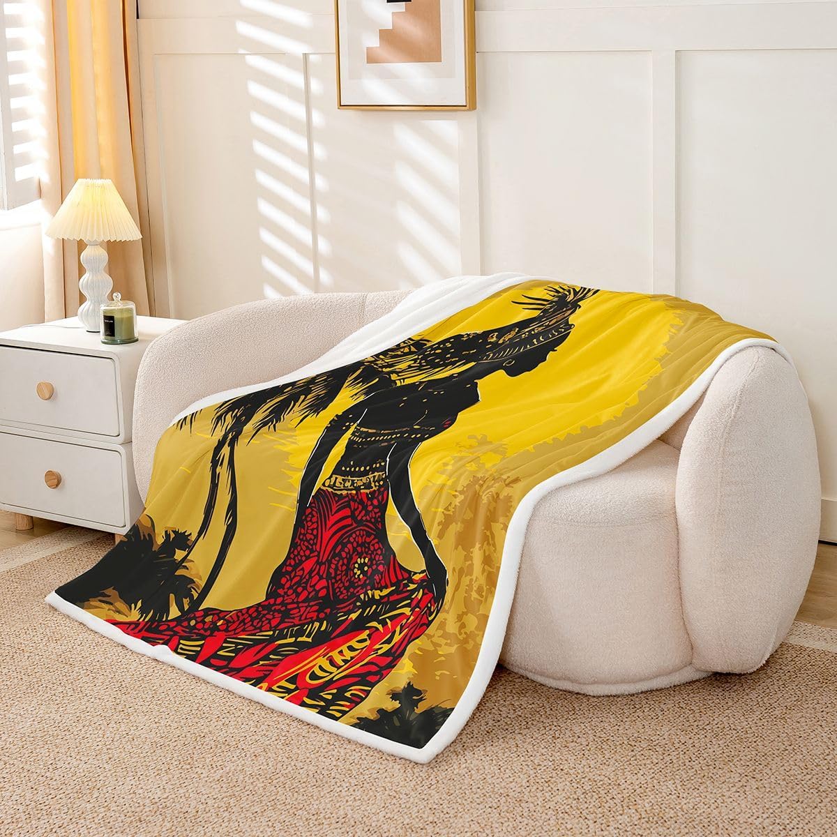 Feelyou African Woman Themed Fleece Blanket African Pattern Warm Plush Blanket for Sofa Couch Women Palm Tree Print Sherpa Throw Blanket Ethnic Afro Style Fuzzy Blanket Bedroom Decor Throw 50"x60"