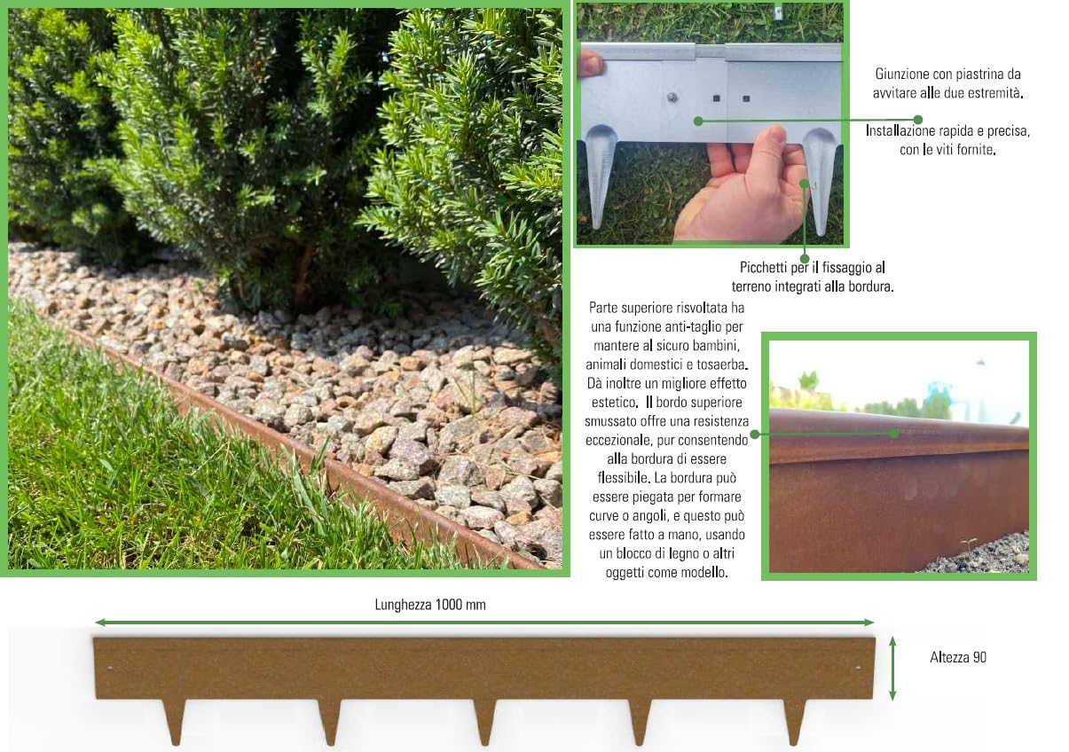 Bordura a giunzione in Acciaio COR-TEN spessore 1.2 mm con Bordo risvoltato a goccia e picchetti integrati - h. 90 mm - Confezione da 5 Metri