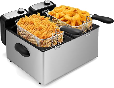 SUSTEAS Deep Fryer, 2 Baskets Electric Oil Fryer with 5.4QT/6L,3000W Timer Control Adjustable Temperature, Lid with Viewing Window and Odor Free Filter, Stainless Steel, Perfect for Kitchen, Fry Fish
