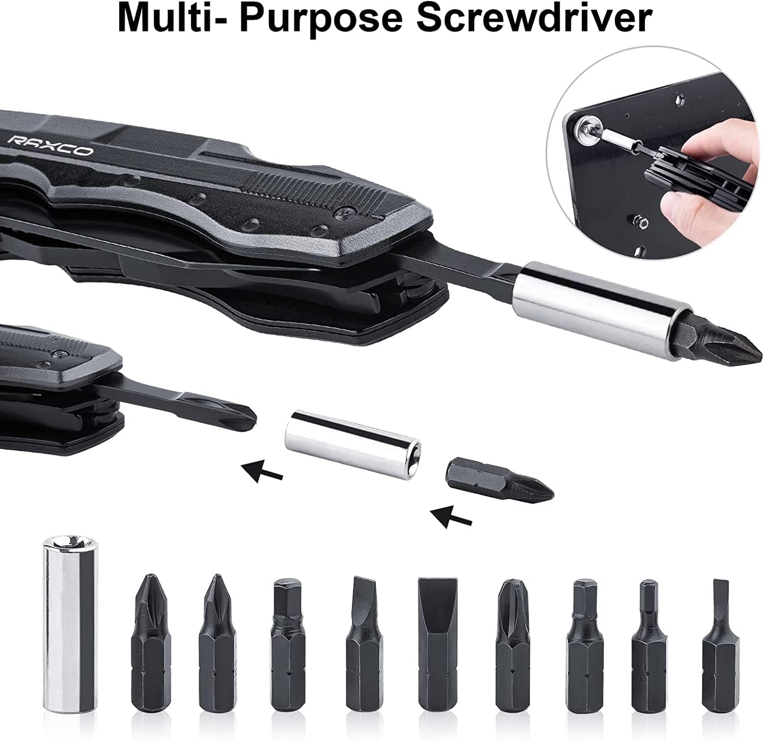 RAXCO Multitool Pocket Knife with Screwdriver Bits and Carrying Shealth, Black