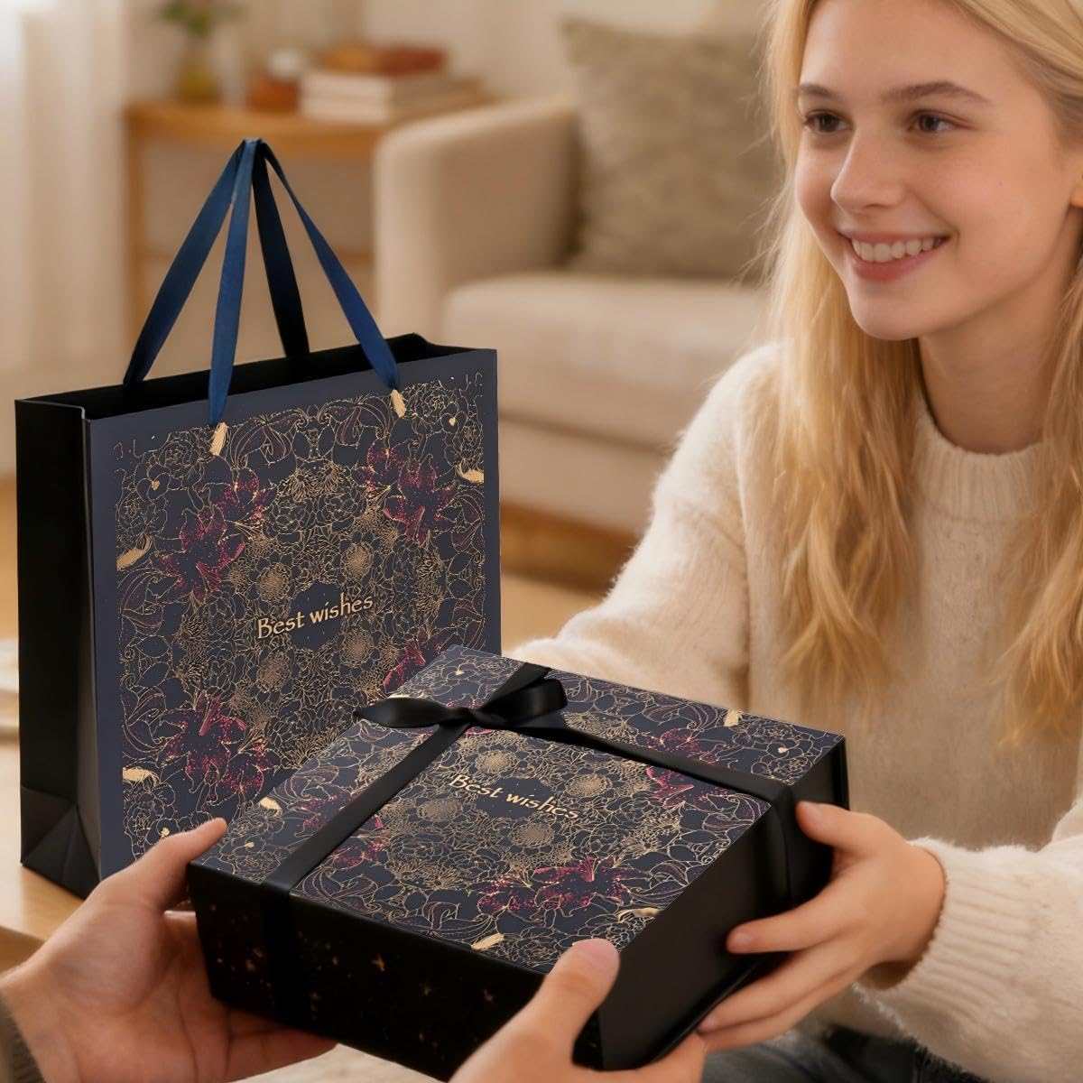 Amalee 12x12x4 Inch Large Gift Box, Blue Magnetic Closure Present Box, Glue-Free Setup, Complete with Ribbon, Greeting Card & Filler Paper for Wedding, Birthday, Christmas Gift Packaging