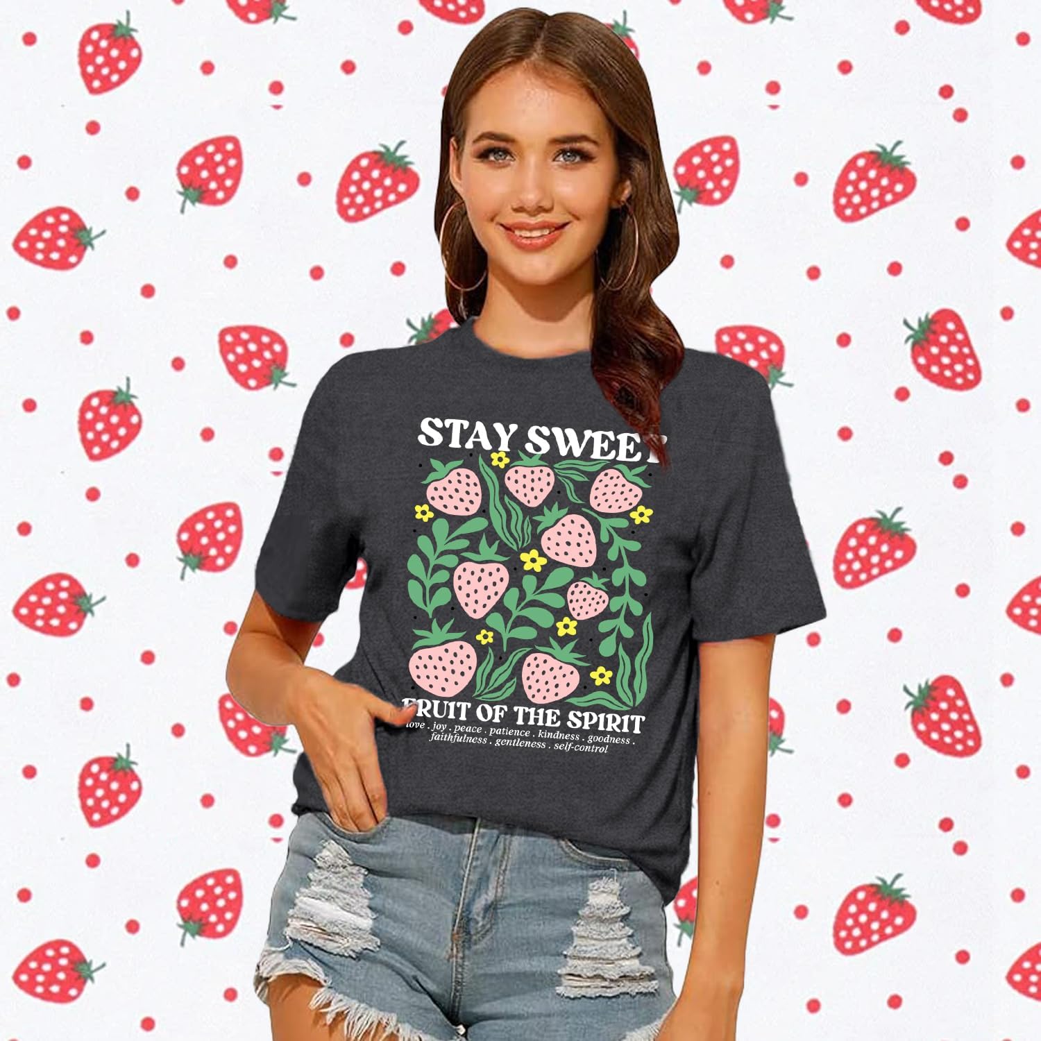 Christian Shirts for Women Strawberry Tshirt Jesus Shirt Inspirational Tee Tops - Image 2
