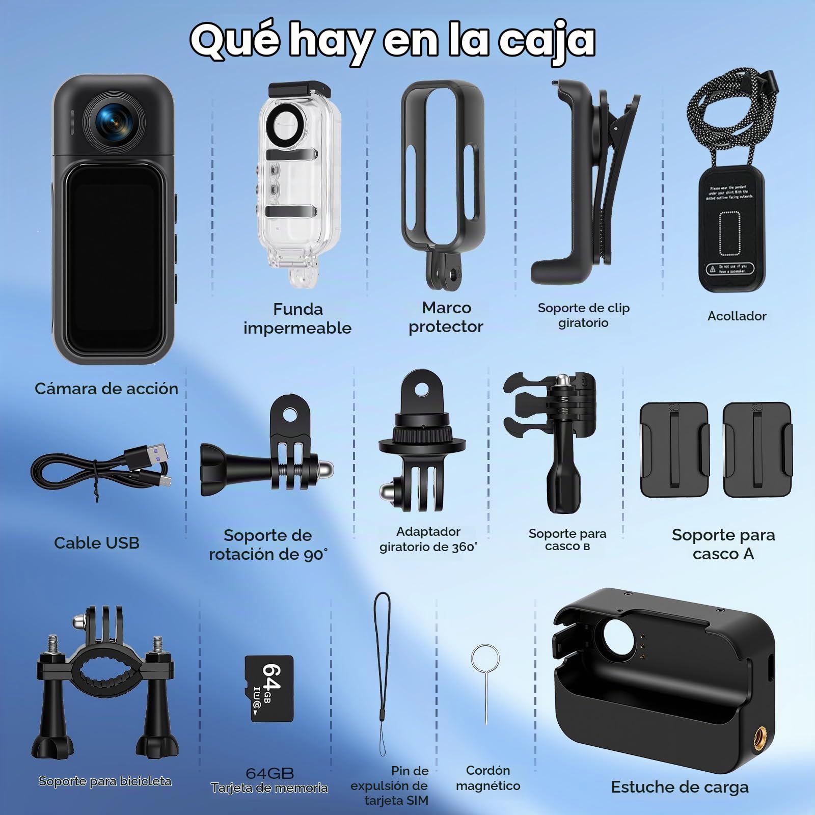 Cámara de acción 360° con pantalla táctil y batería de 8 horas, sumergible hasta 30 m con carcasa, cámara POV gran angular de 120° con más de 10 accesorios para ciclismo, viajes y deportes, incluyendo