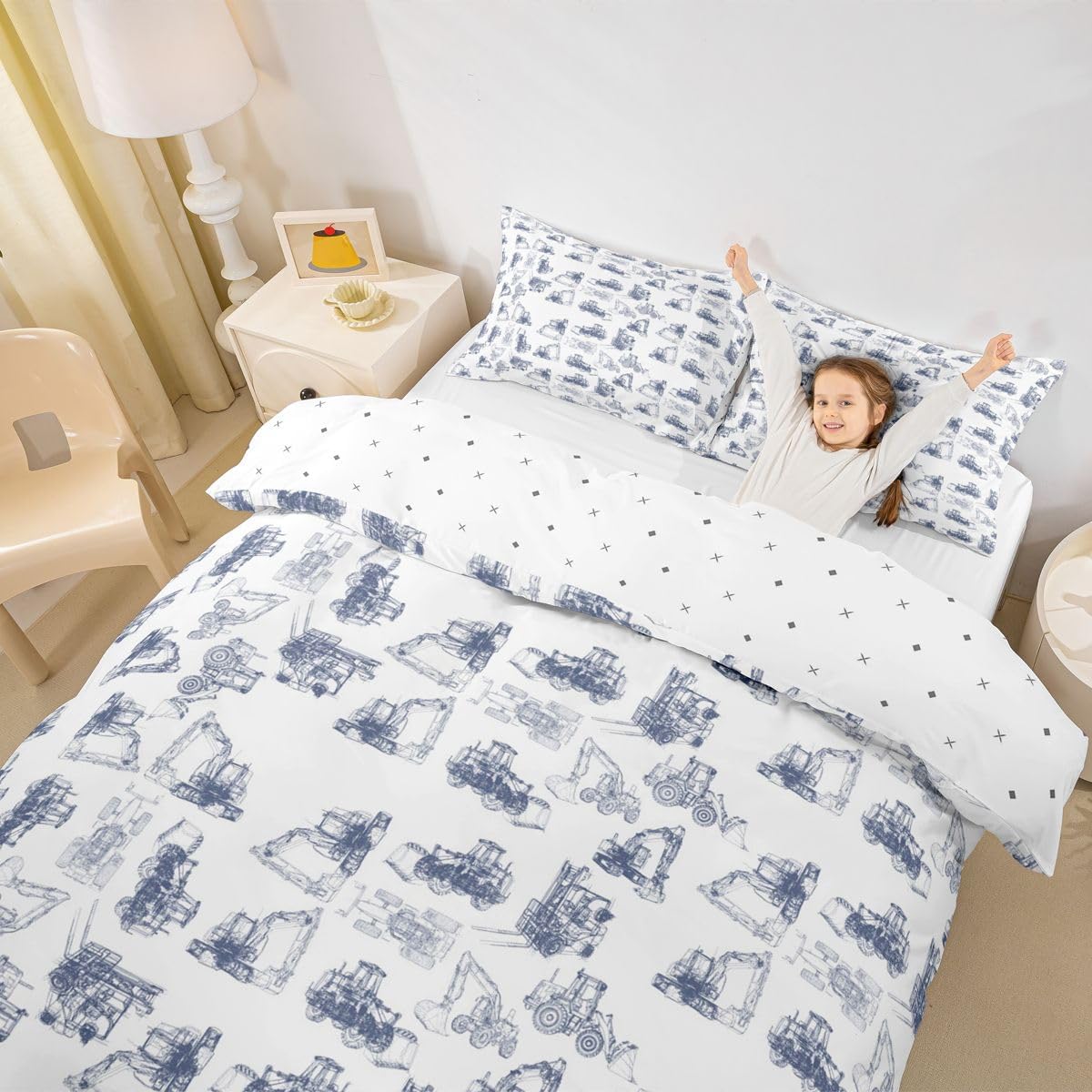 Construction Bedding Set Twin Size Kids Equipment Trucks Comforter Cover Set for Boys Teens Cartoon Car Excavator Tractor Duvet Cover Construction Vehicles Blue Bedspread Cover Room Decor Quilt Cover