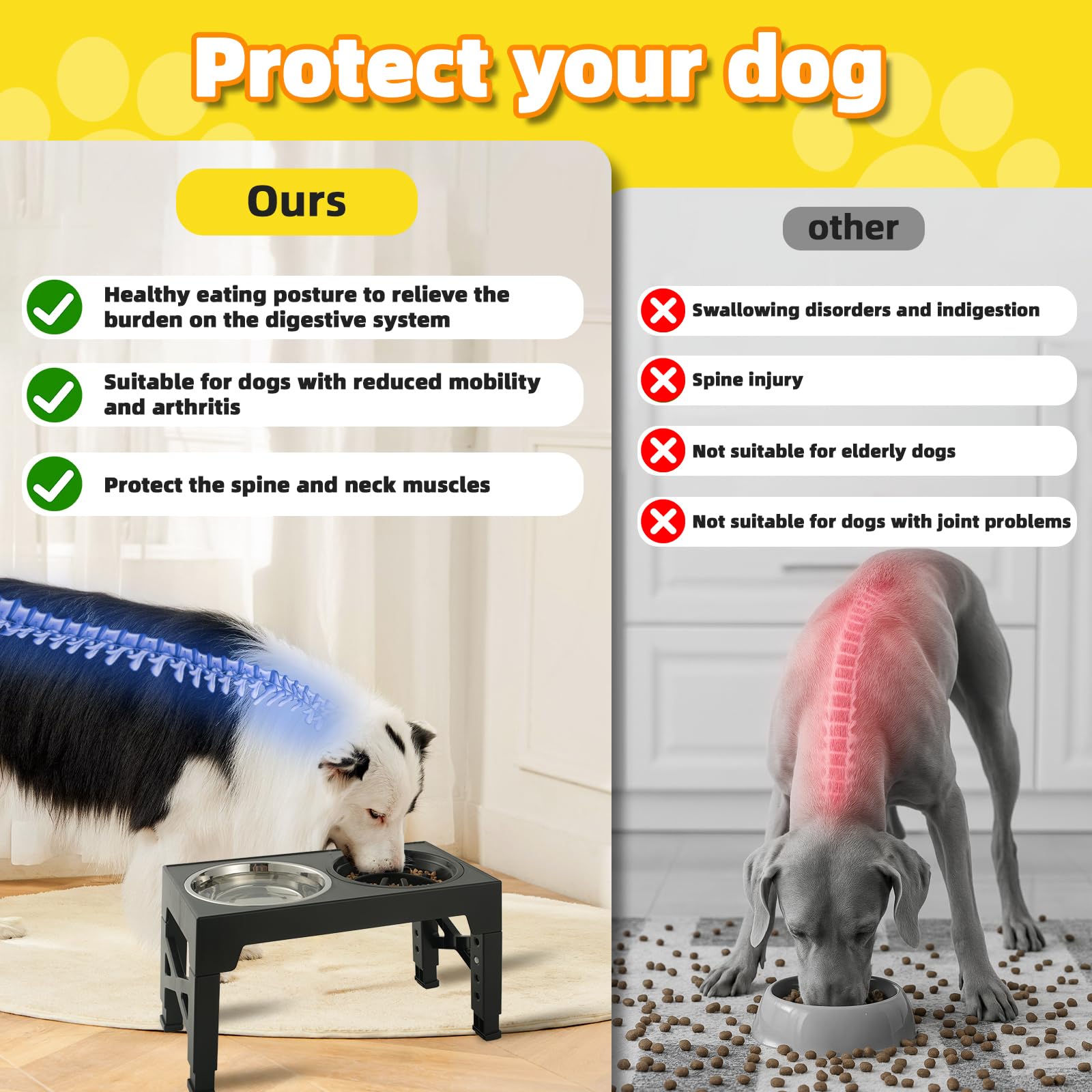 Ciotole per cani Rialzate Regolabili - 2 Ciotole in Acciaio Inox (1200ml) + 1 Ciotola anti-ingozzo (800ml) - Base antiscivolo per cani di taglia media/grande