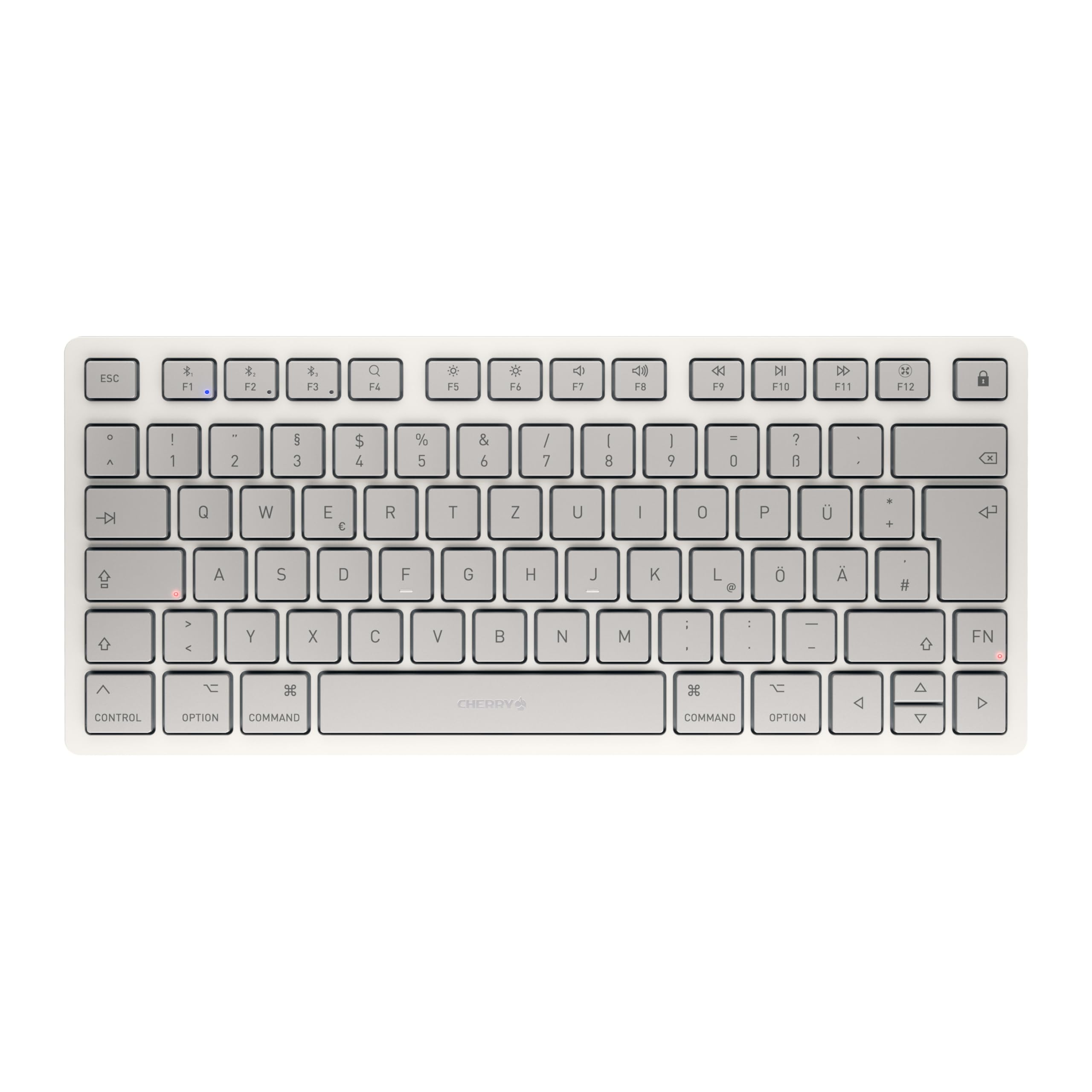 CHERRY KW 7100 Mini BT for MAC, Kompakte Mac-Tastatur mit 3 Bluetooth-Kanälen, Deutsches Layout (QWERTZ), Kabelloses Multi-Device-Keyboard, Moonlight White
