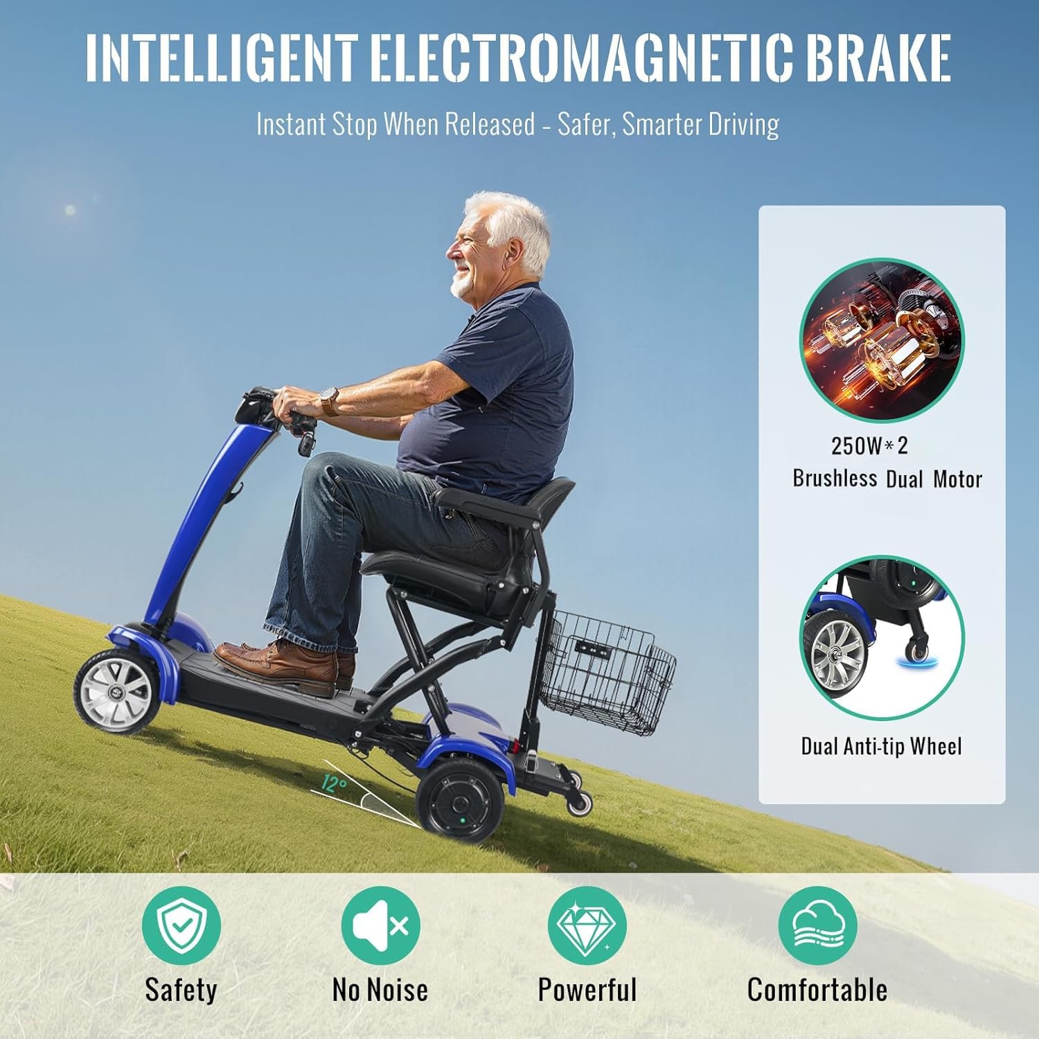Auto-Folding Electric Mobility Scooter for Adults Seniors, 500W Brushless Dual Motor, Removable Lithium Battery, 15 Miles Range, 300lbs Capacity,One-Touch Foldable 4 Wheel Scooter,Large Storage Basket