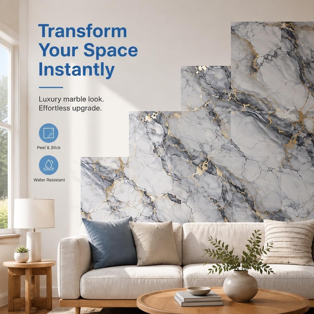 Paneles de pared de mármol, adhesivo for salpicaduras de azulejos | Panel de espuma PVE de 11,81x11,81 pulgadas, fácil instalación, resistente a arañazos, imperfecciones(Color51,36pcs)