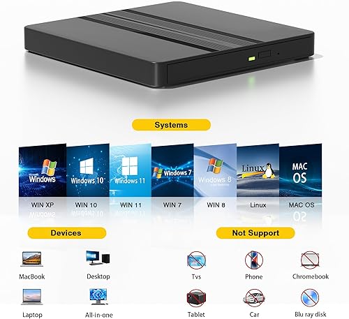 Miniatura 6 de External CDDVD Drive for Laptop, USB CD DVD Disc Drive Reader Burner Player for Laptop, External CD-ROM +-RW Optical Drives for PC Desktop MacBook