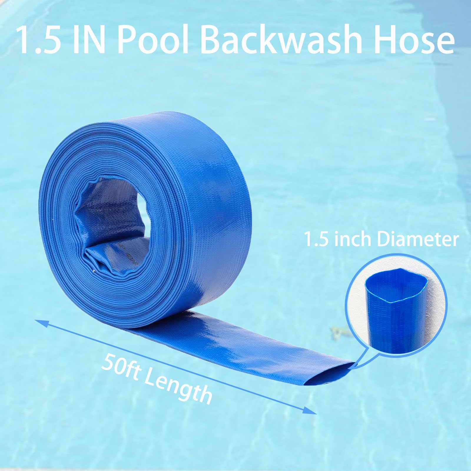KUNFALY Pool Backwash Hose 50ft PVC Swimming Pool Drainage Hose with Adjustable Clamps – Heavy Duty, Weather Resistant, 1.5
