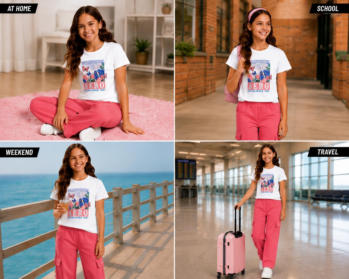 AEROPOSTALE Girls Pants Set - 2 Piece Short Sleeve Graphic Tee & Fleece Flare Cargo Pants Clothing Sets for Girls (Size 7-12)