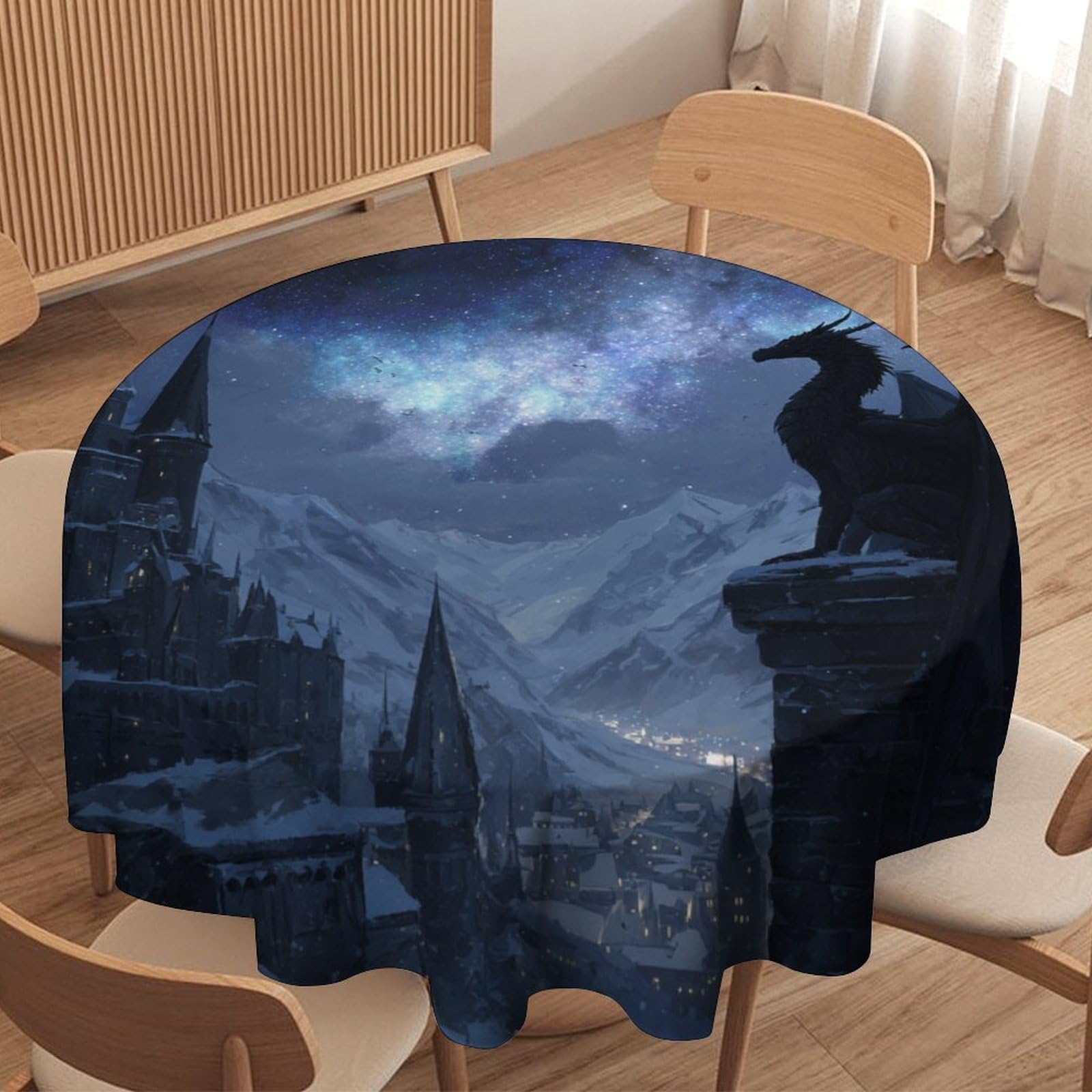 LUYYSKY Rustic Elegant Cool Dragon Waterproof Round Tablecloth Classic Watercolor Starry Sky Castle Fantasy Animals Dragon Washable Table Cover for Kitchen-36 Wx36 L