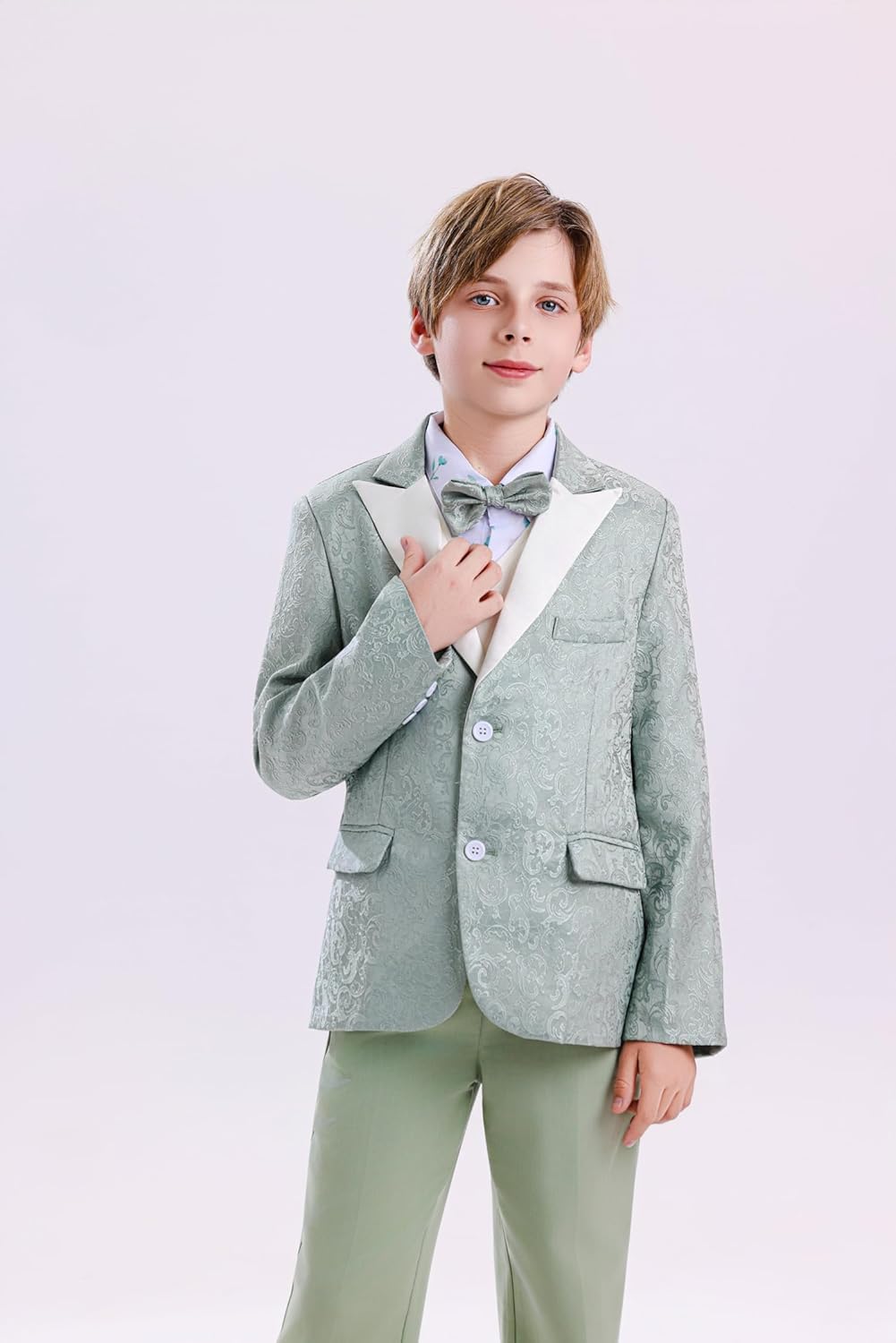 DISAUR Boys Dress Clothes 5-Piece Formal Suit Set, Vest, Pants, Dress Shirt, Bowtie and Boutonniere Kids Wedding Outfit
