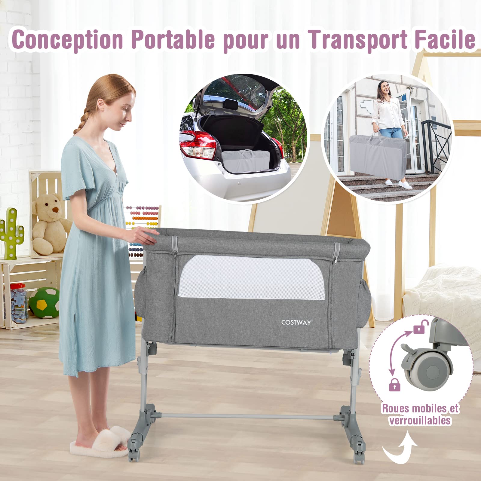 GOPLUS Berceau Bébé 3 en 1, Lit Cododo Portable avec Mode Berceau, Matelas Amovible, Hauteur Réglable, Poches de Rangement et Roues Verrouillables, Lit de Voyage pour Nouveau-né (Gris)