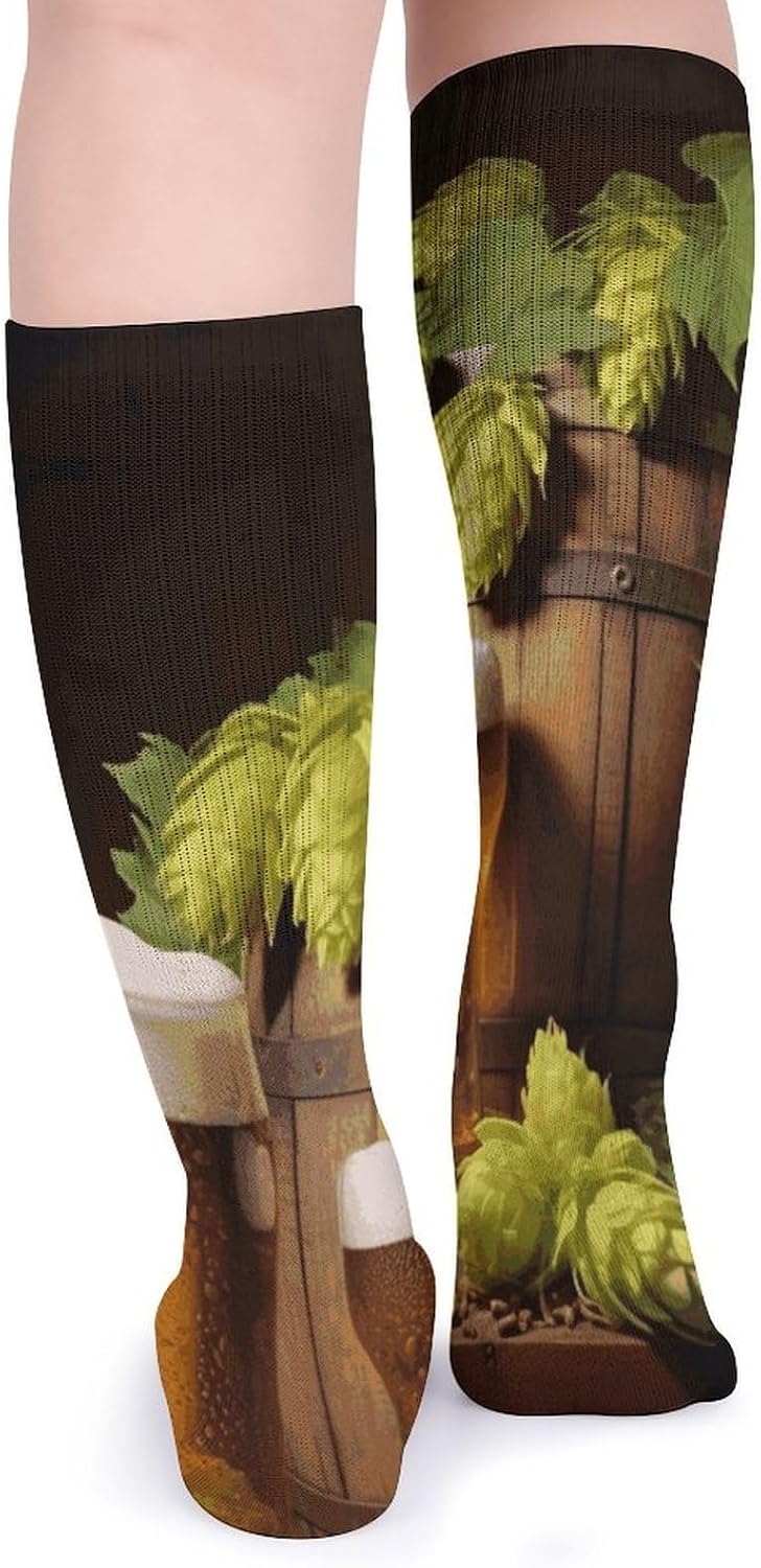Breathable Crew Sock, Moisture Wicking, Athletic Calf Socks, Cozy | Beer And Hop Cones Compression Socks for Women Men, Lightweight High Work Socks for Business, Casual