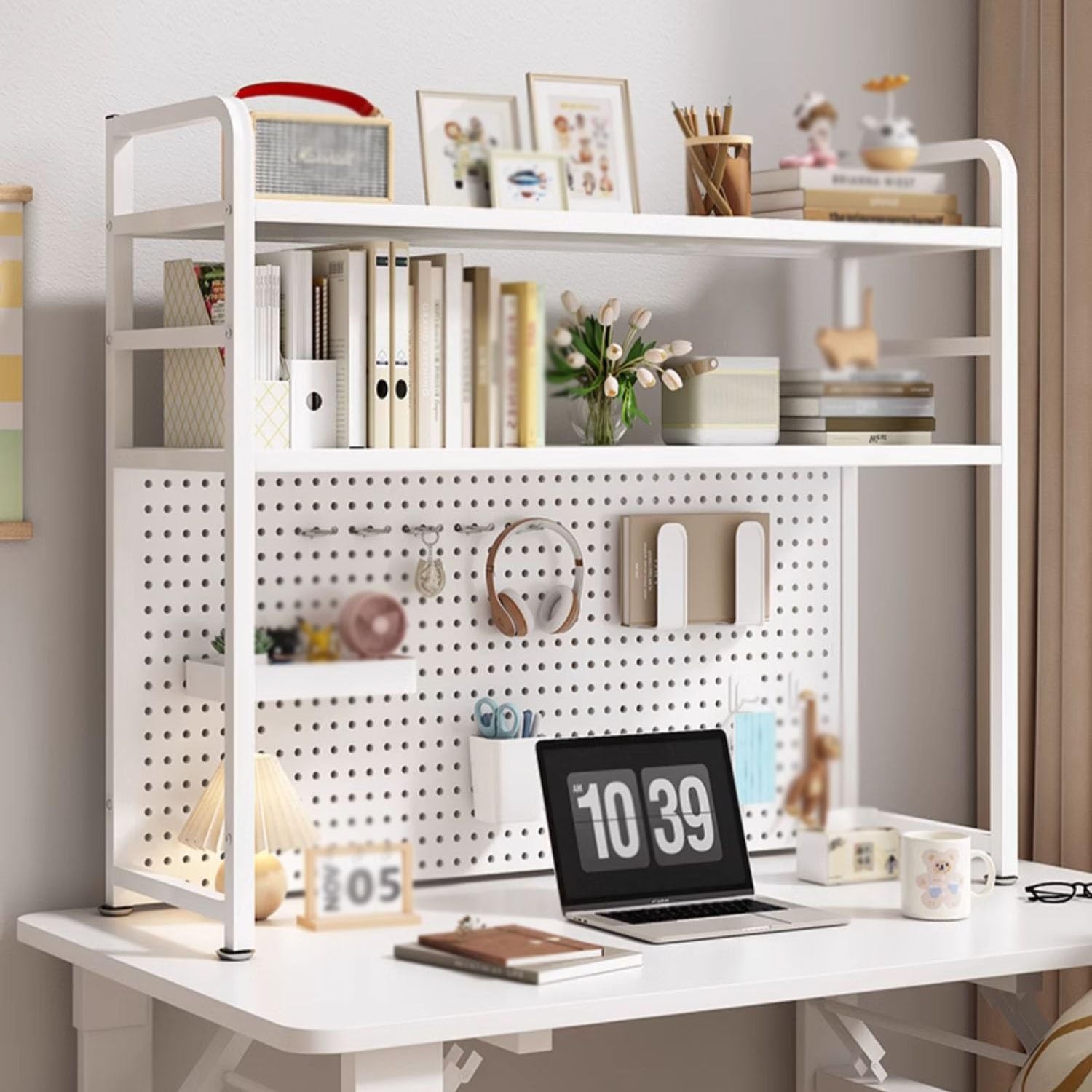 Estantería De Sobremesa Libros DIY Librería Estantería De Escritorio para Mesas De Computadora Estructura Metálica Estante De Almacenamiento(Blanca,135x20x98cm)