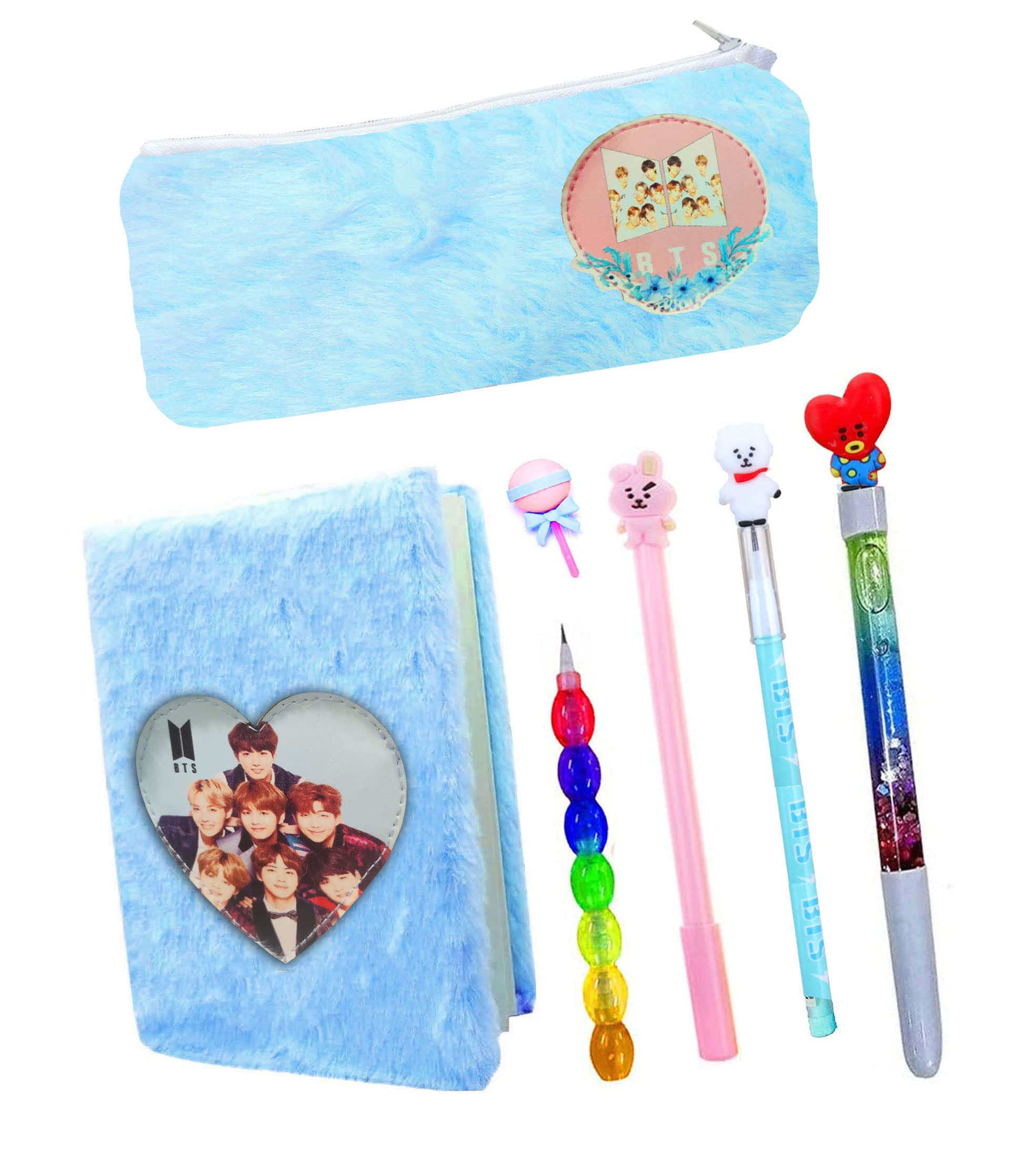 KOBBET® 7pcs BTS Army Stationery Set for Kids A6 Size BT-21 Diary Notebook for Girls with Fur Pencil Box Pencil Pouch, BTS Pen, Pencil Bullet Pencil, Designer Eraser Return Gift Set for Kids (Blue) (B0BQ3Q1ZVN) Amazon Price History, Amazon Price Tracker