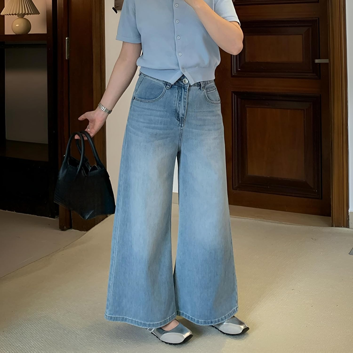 [koulaya] 春夏 ワイドレッグジーンズ【ストレッチ 高腰】 薄手ル 韓国デザイン 体型カバー 小柄向け 軽量パンツ カフェデ