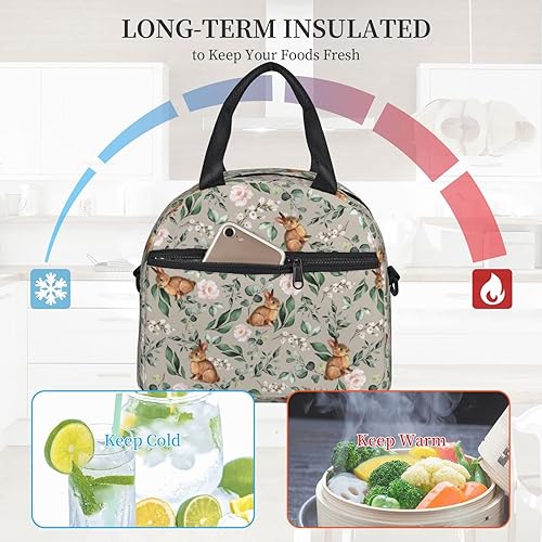 Miniatura 6 de Lindos conejitos hojas bolsa de almuerzo aislada con correas, lonchera para mujeres y hombres, bolsa de mano impermeable para viajes de oficina