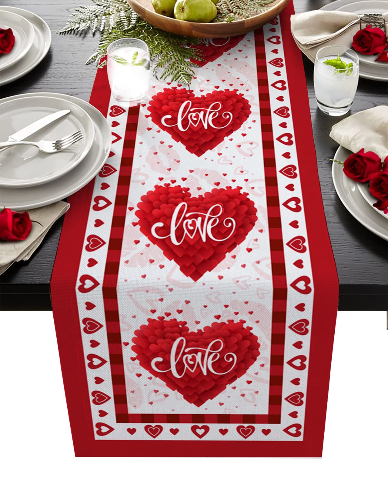 ARTSHOWING Valentine's Day Table Runner, Decorative Cotton Linen Tablerunners for Holiday Home Decoration Birthday Parties Family Dinners 13x90inch, Gathering Hearts with Word Love