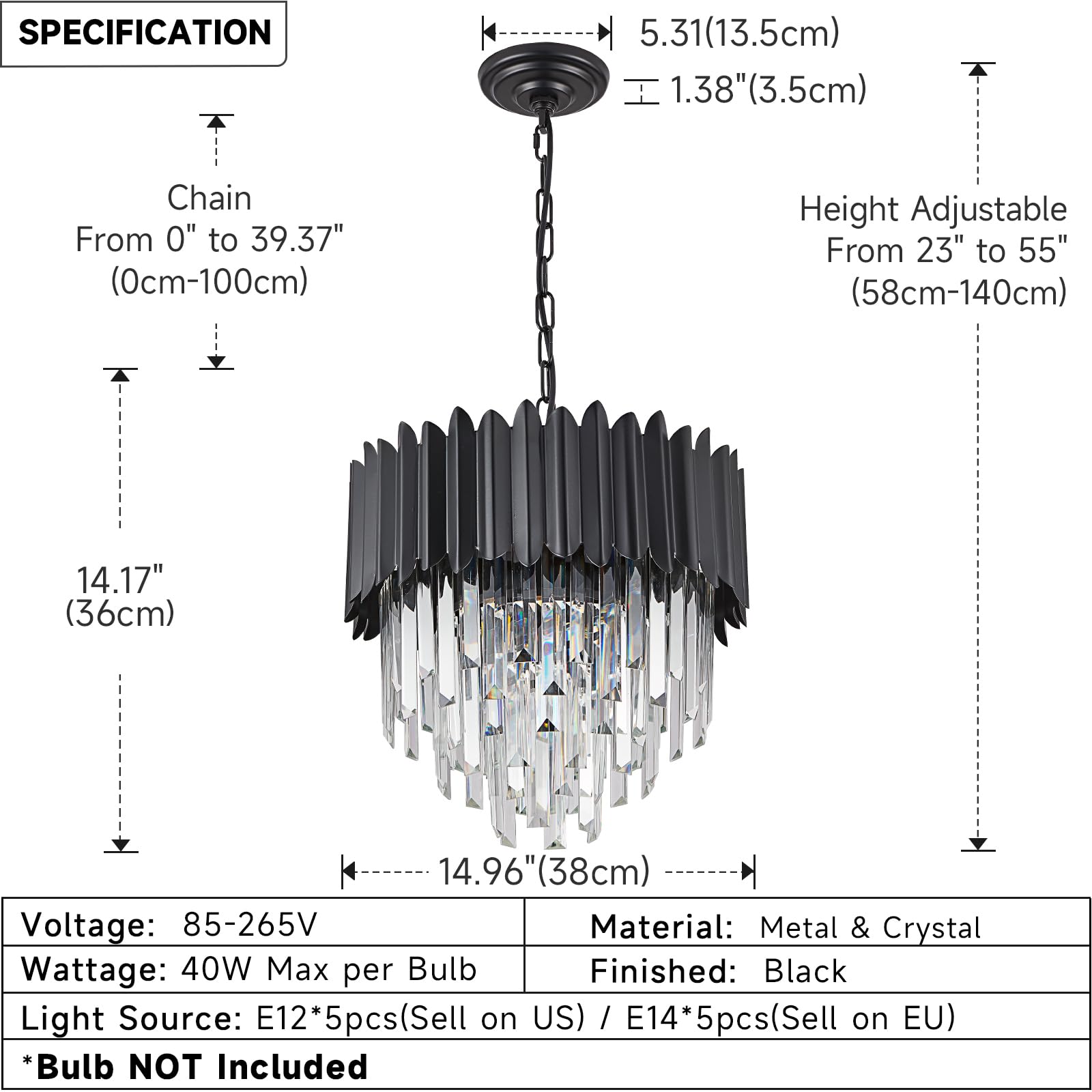 Moderne Luxus Kristall Pendelleuchte, schwarzer Kristall Kronleuchter, 3-Tier Raindrop Kronleuchter Leuchte Flush Mount Deckenleuchte für Esszimmer, Φ40cm