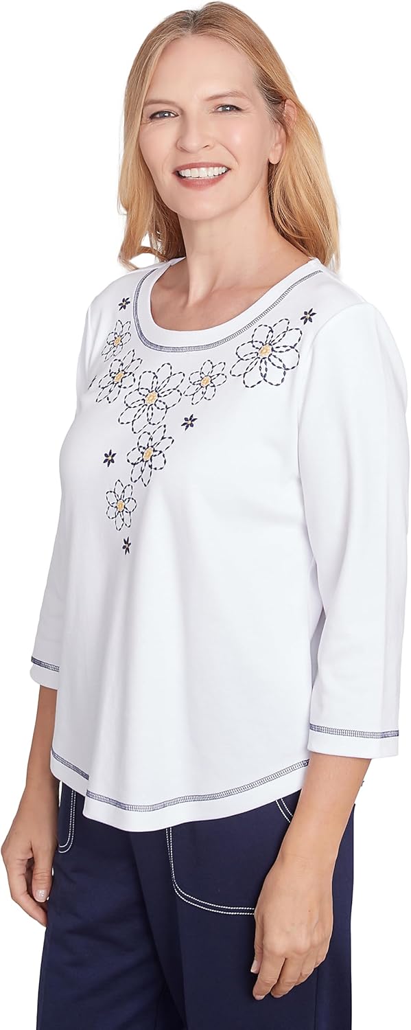 Alfred Dunner Block Island Floral Embroidered Yoke Cotton/Polyester Top