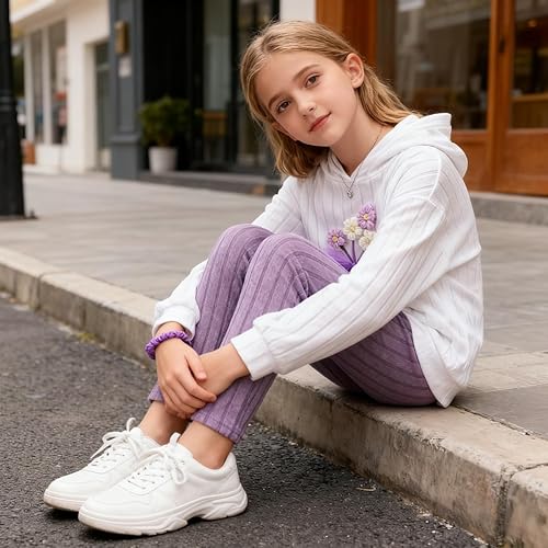 Tween Girl's Solid Color Long Sleeve Hoodie Top + Plain Stripe Pants 2 Piece Set Kids Fall Clothing, Sizes 6-12 Years(Purple,11-12 Years)