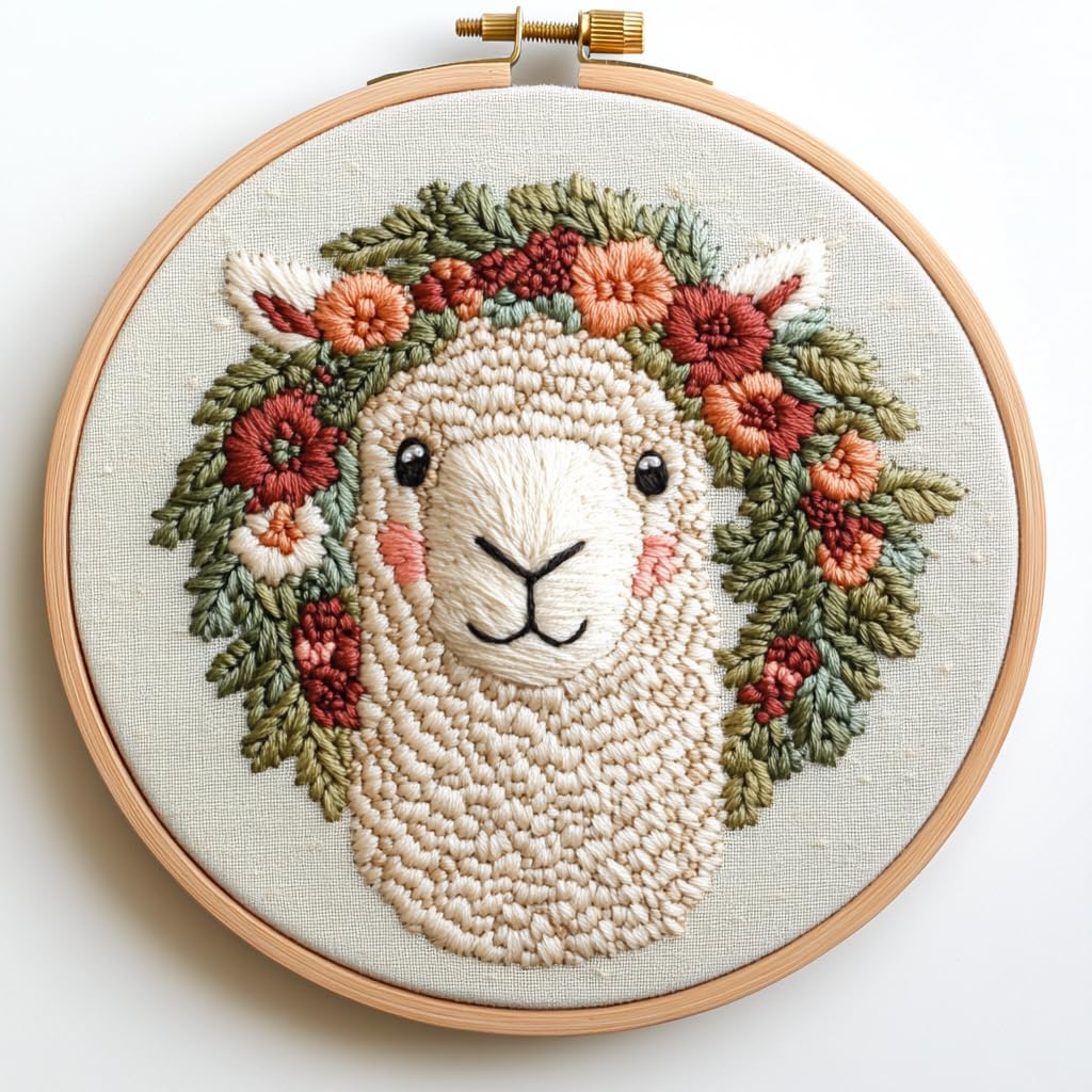 Punch Needle Kit for Beginners, Punch Stitching Kit for Adults, Needle Punch Kits for Adults, DIY Embroidery Set Featuring Alpaca Wearing a Headband for Creative Crafts &amp; Gifts