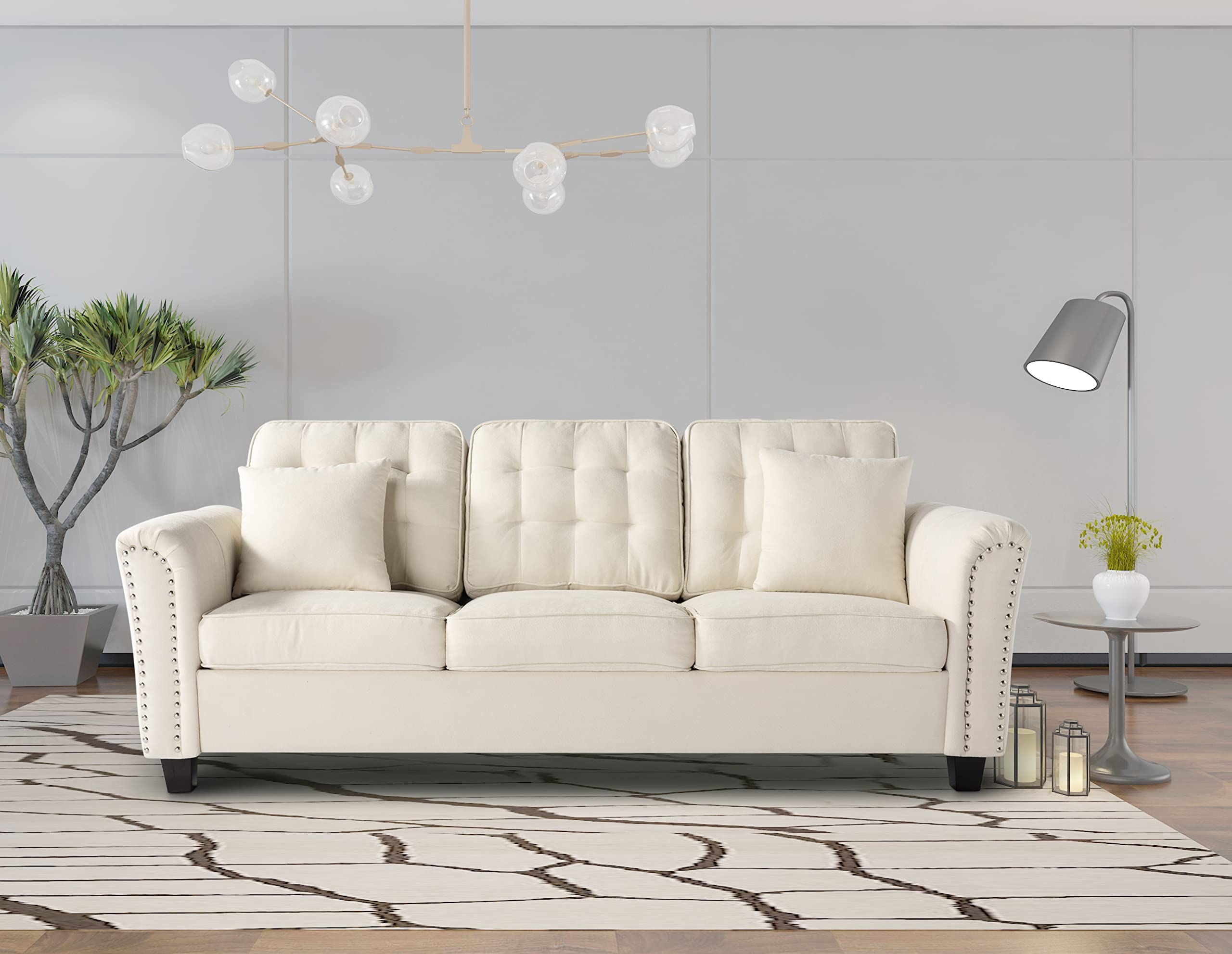 Lepfun Chesterfield Sofas, 86.6” Flare Arm Sofa, Tufted 3 Seater Couch Living Furniture, Velvet Couch with Scroll Arms and Nailhead for Living Room, Bedroom, Office, Apartment (Beige)